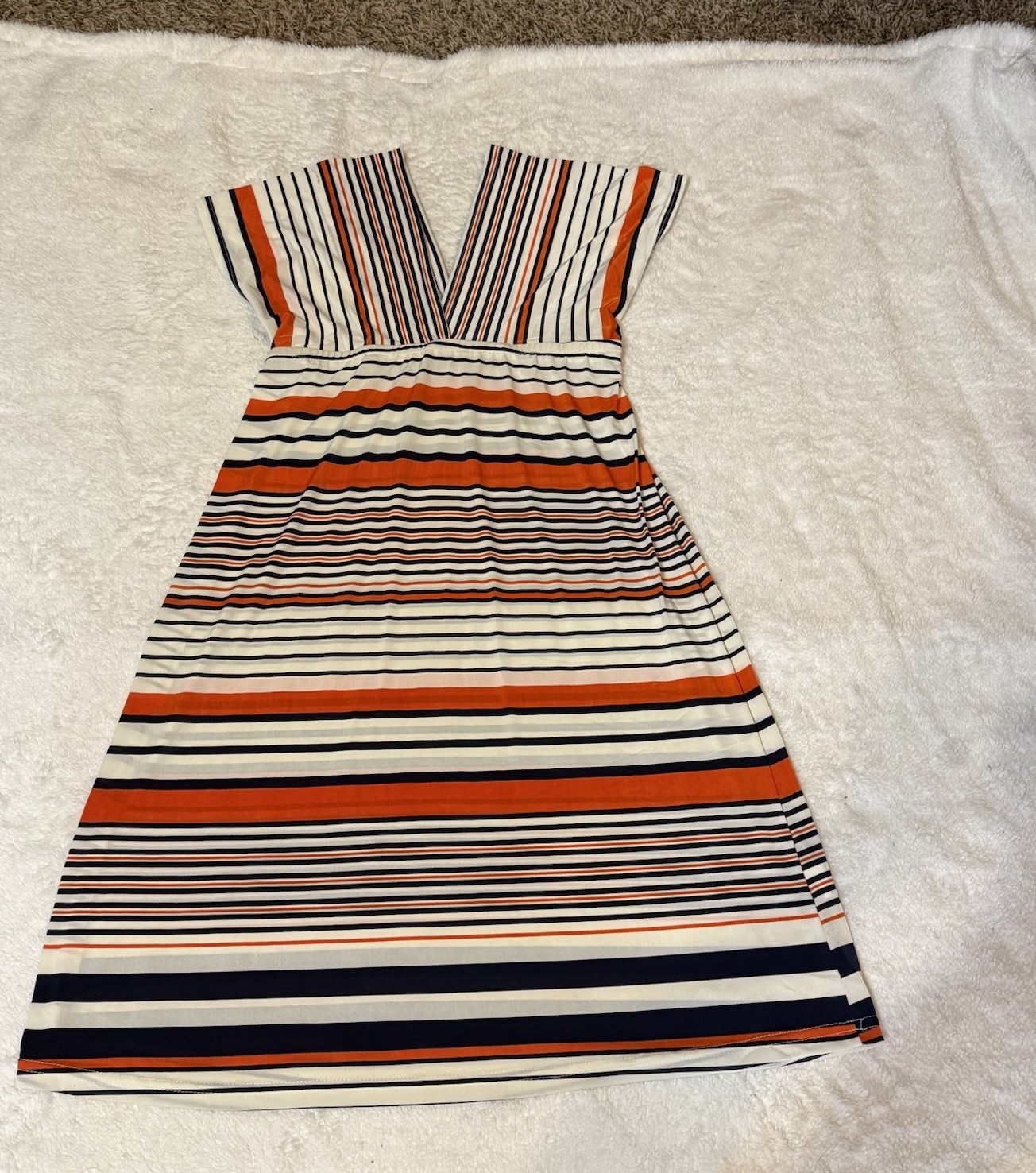 Second Skin NYC Striped V-Neck Midi Dress – Orange, Navy, White Size Large