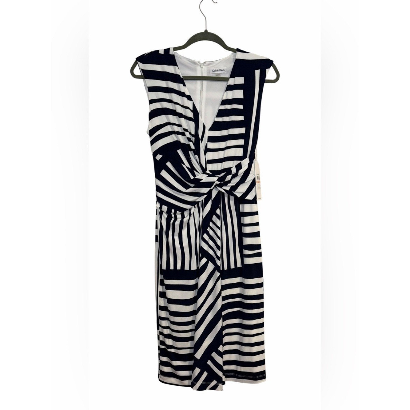 Calvin Klein Black White Striped Twist Front V-Neck Sheath Dress CD5A3BX9 Size 2