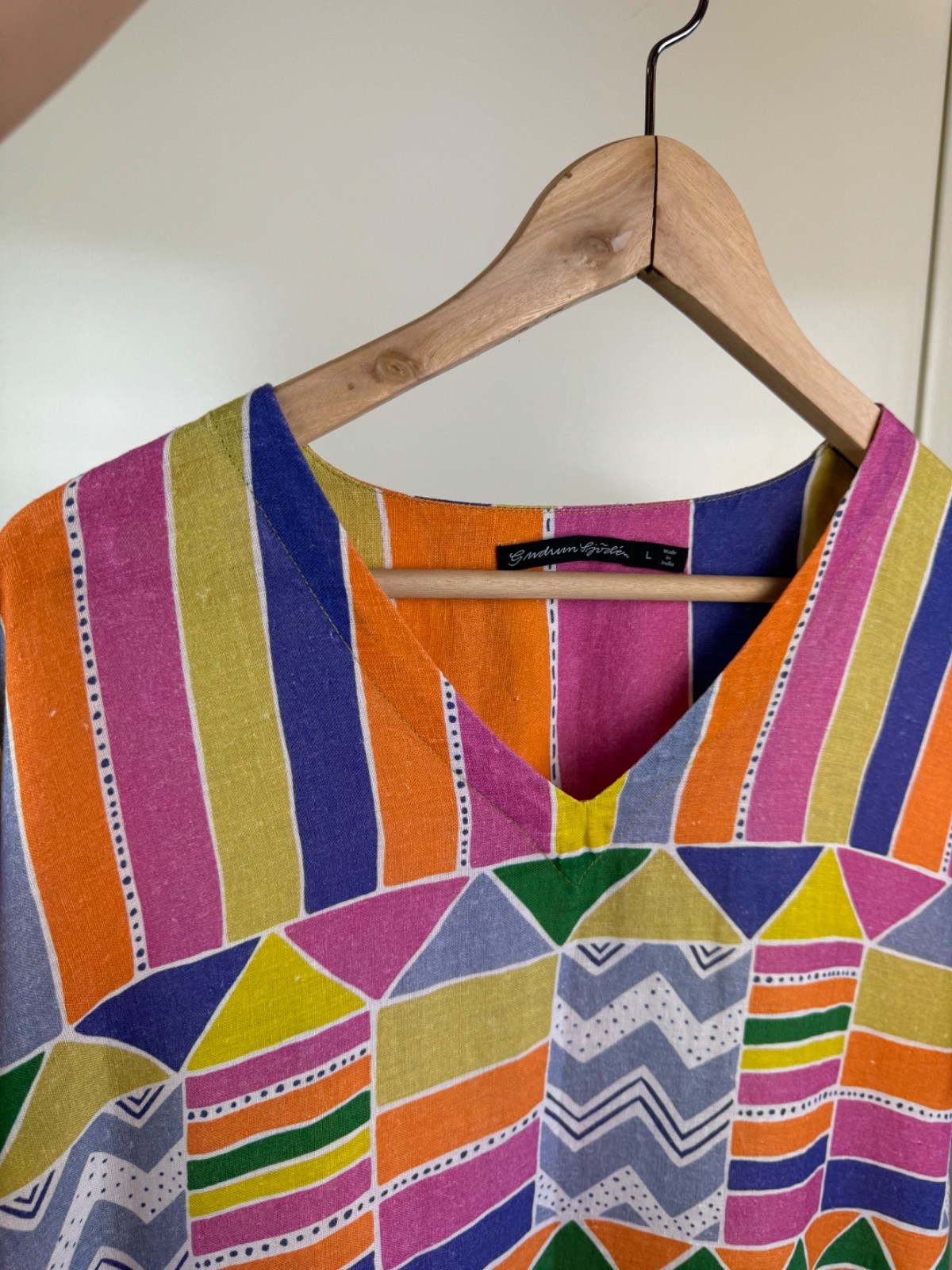 GUDRUN SJODEN Linen Multicolor Cheerful Dress Kaftan Ikat Geometric Sundress L