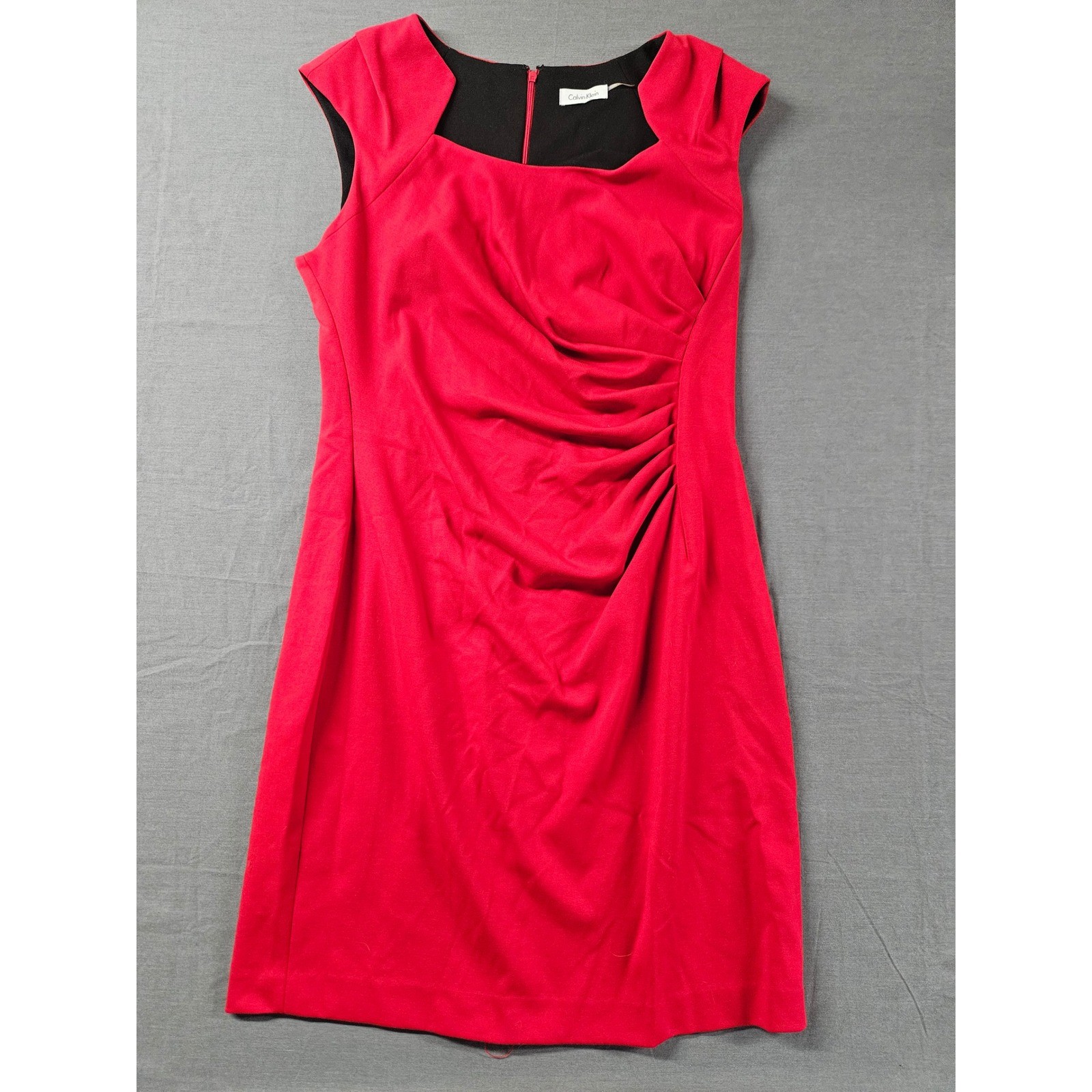 Calvin Klein Red Ruched Sheath Dress Square Neck Cap Sleeve Cocktail Workwear