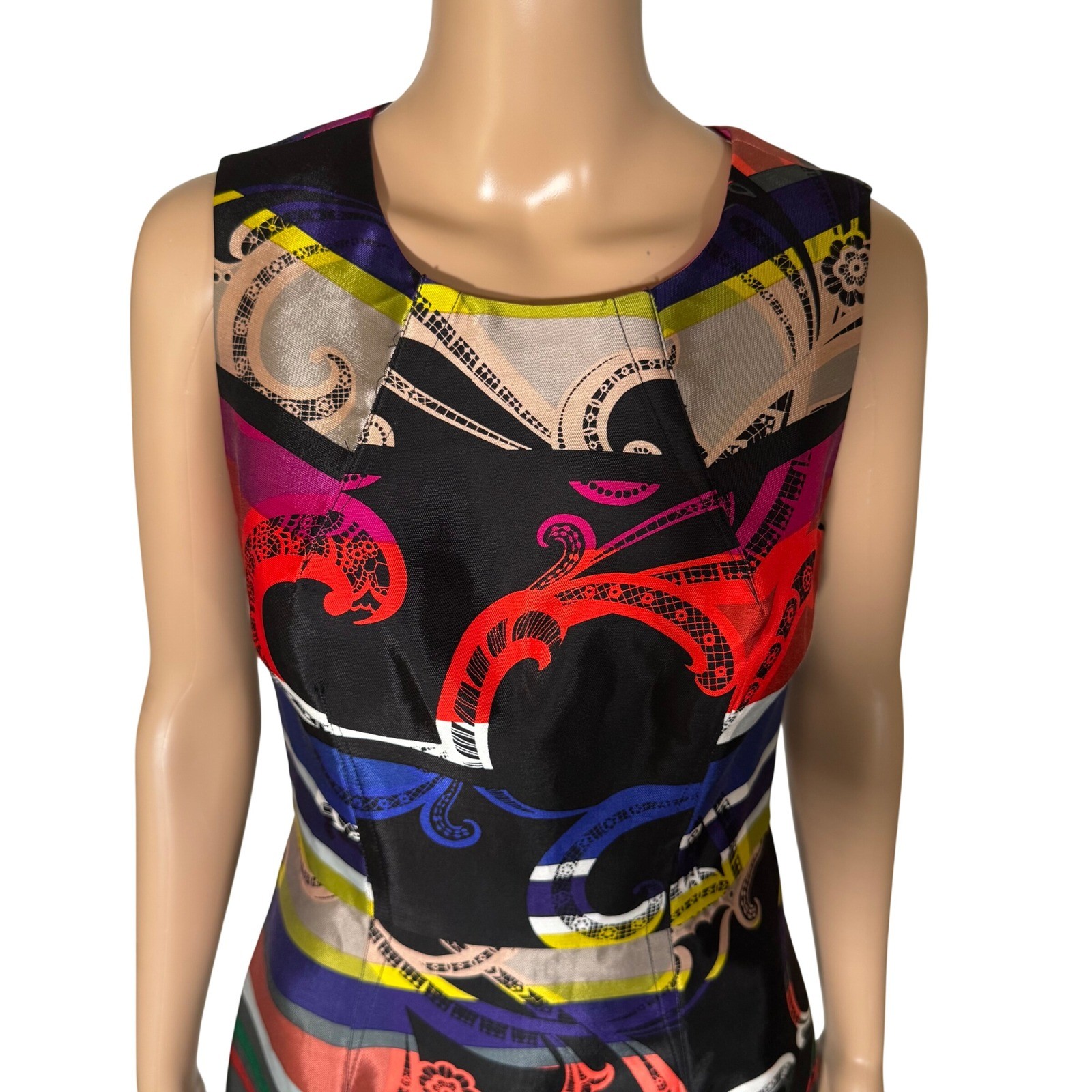 Trina Turk Multi Color Paisley Stripe Silk Blend Sheath Dress Size 4 NRTD17R001