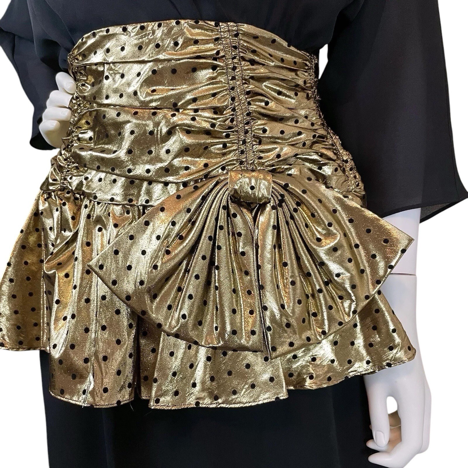 Vtg 80s Pat Richards Metallic Ruched Peplum Lame Dot Dress Black Gold Size 8