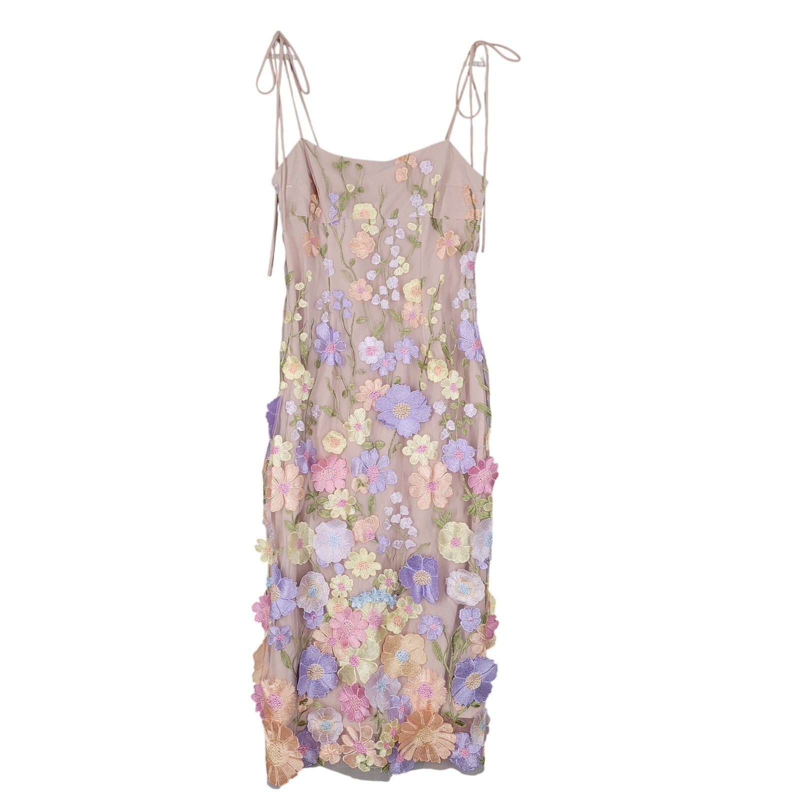 Hello Molly Floral Embroidered Dress Womens 6 Pink 3D Applique Midi Tie Strap