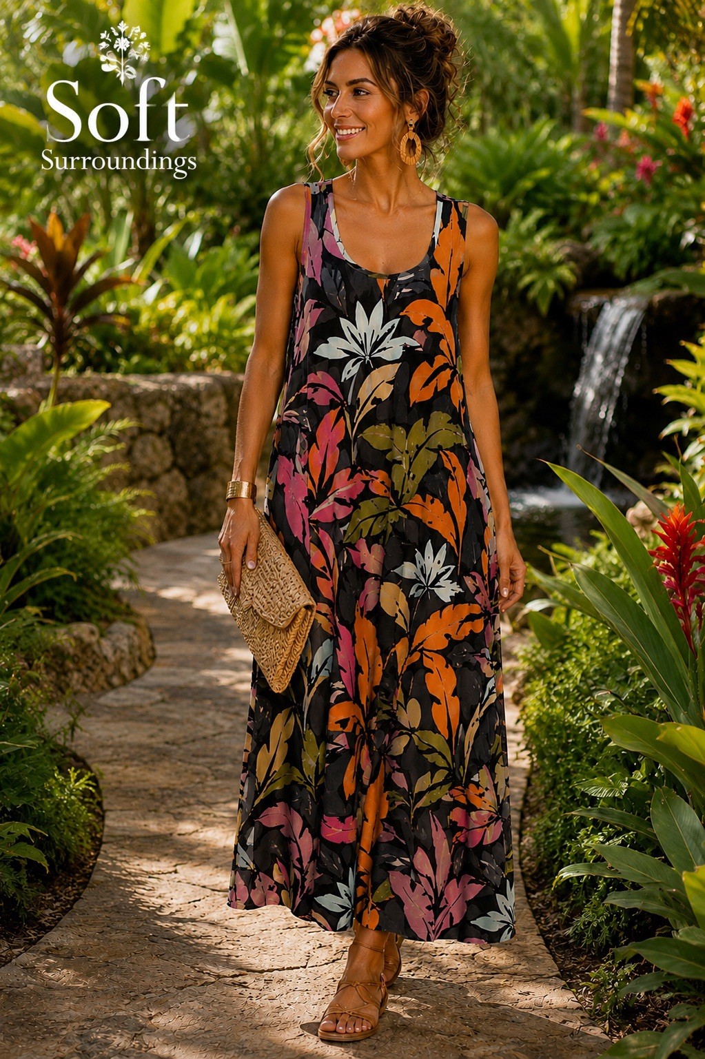 Soft Surroundings Joylyn Cinched Waist Maxi Dress 2X Tropical Palm Print Boho B2