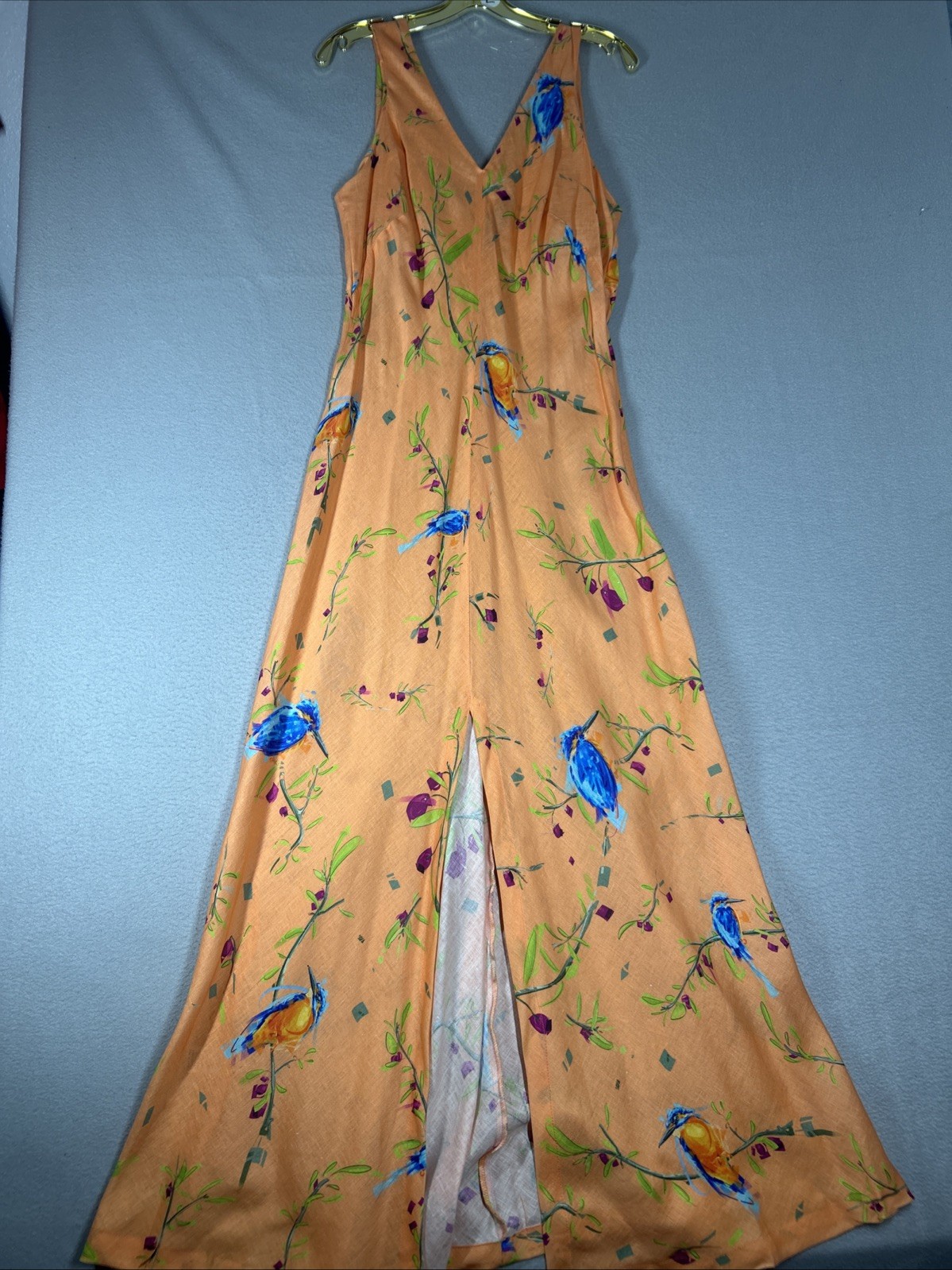 Harris Cotton Peach Bird Print Maxi Dress Women’s L Sleeveless 59” Long Back Zip