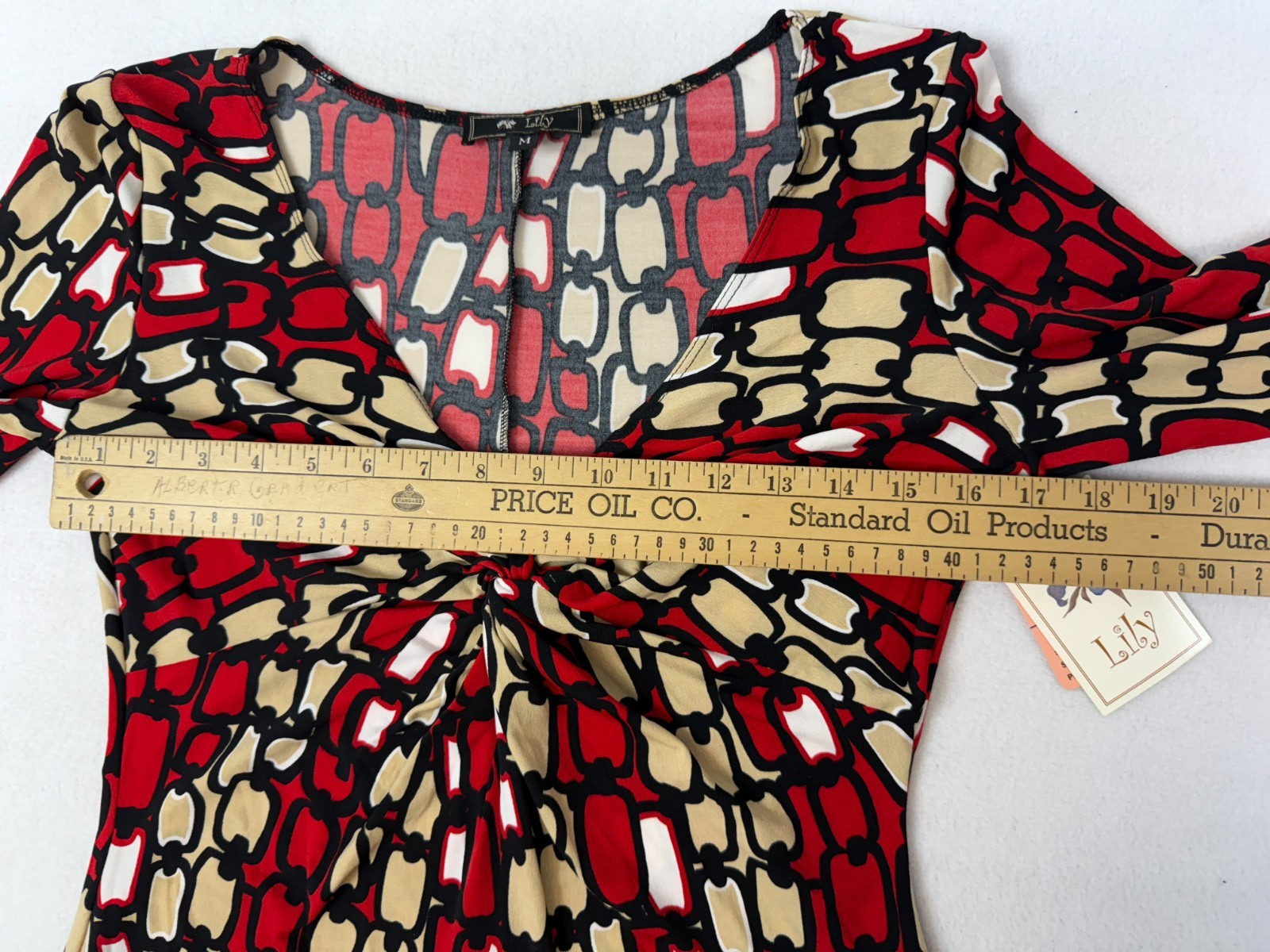 Y2K Deep V-Neck Retro Knot Front 3/4 Sleeve Bold Graphic New Old Stock stretch