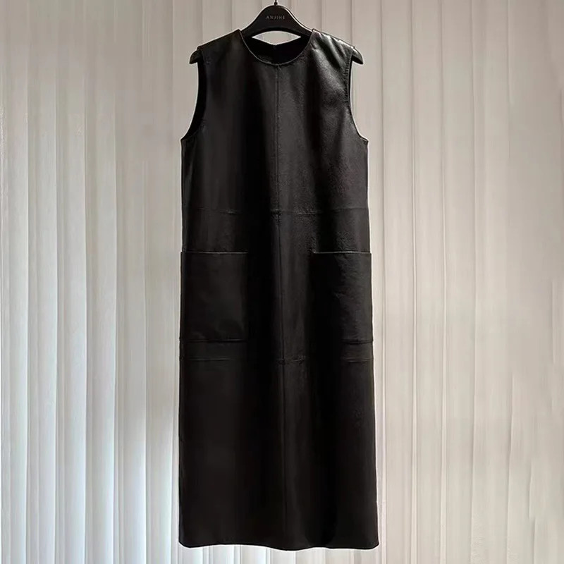 Evening Leather Dresses Spring Autumn Sleeveless Straight Vestido Length Gowns