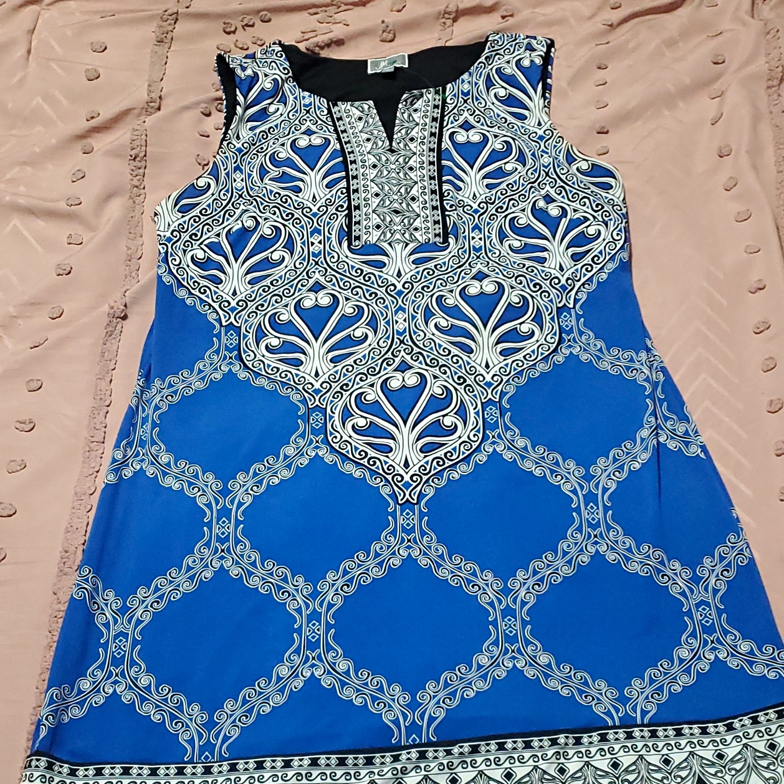 JM Collection Blue White Black Geometric A-Line Dress V-Neck Sleeveless Knee L