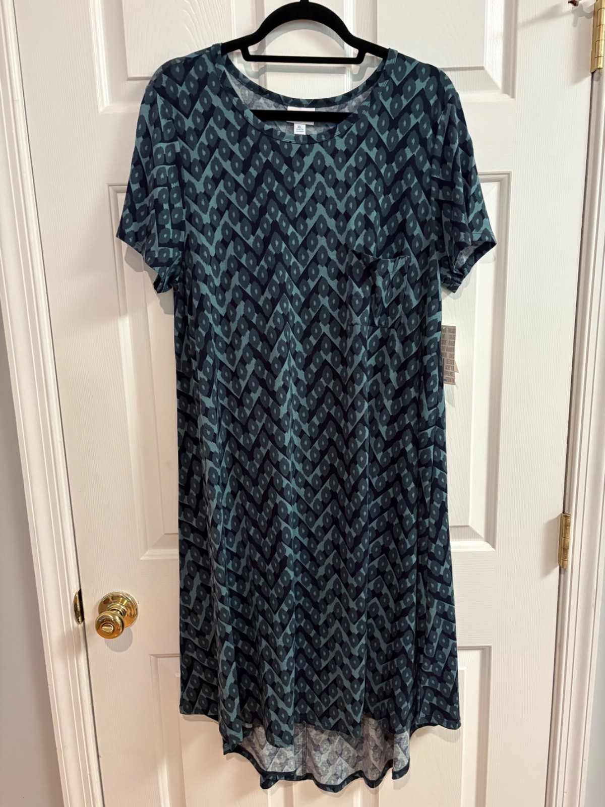 LuLaRoe NWT Carly dress XL (16-18); geometric, ikat diamond pattern; dark teal