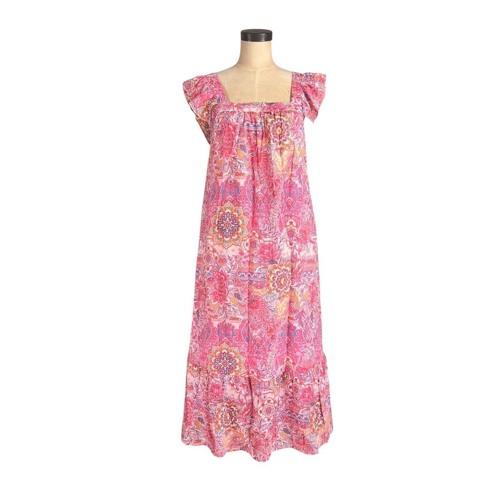Indigo Rose Pink Paisley Mandala Maxi Dress Ruffle Sleeve Womens Small Boho