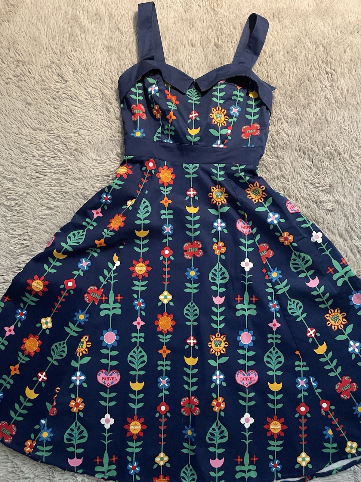 Disney Parks Authentic It’s a Small World “Goodbye” Floral Flared Tea Dress XS