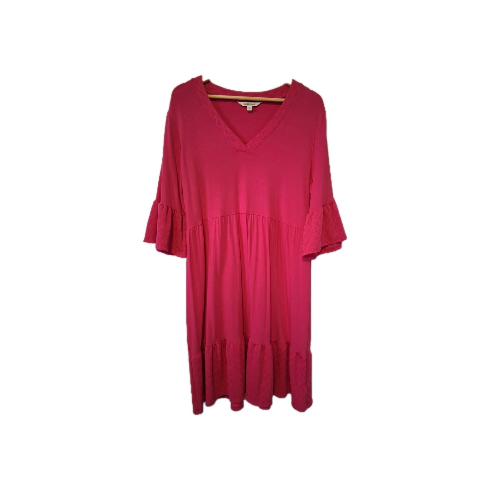 Pioneer Woman XL Pink Boho Tunic Dress Ruffle Hem Bell Sleeves Embroidered
