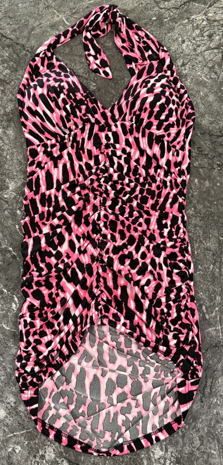 Kiwi Womens Ruched Halter Mini Dress Stretch Clubwear Neon Pink Black Leopard S