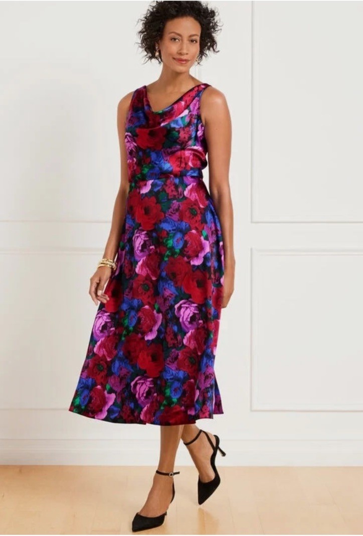 NEW $169 TALBOTS Black,Bright Blue Wrapped Floral Satin Cowl-Neck Dress Size 12