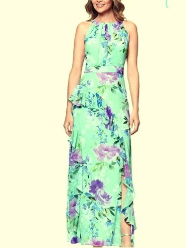 Betsy & Adam Mint Green Multi Floral Print Ruffled Sleeveless Gown Size 6P $159