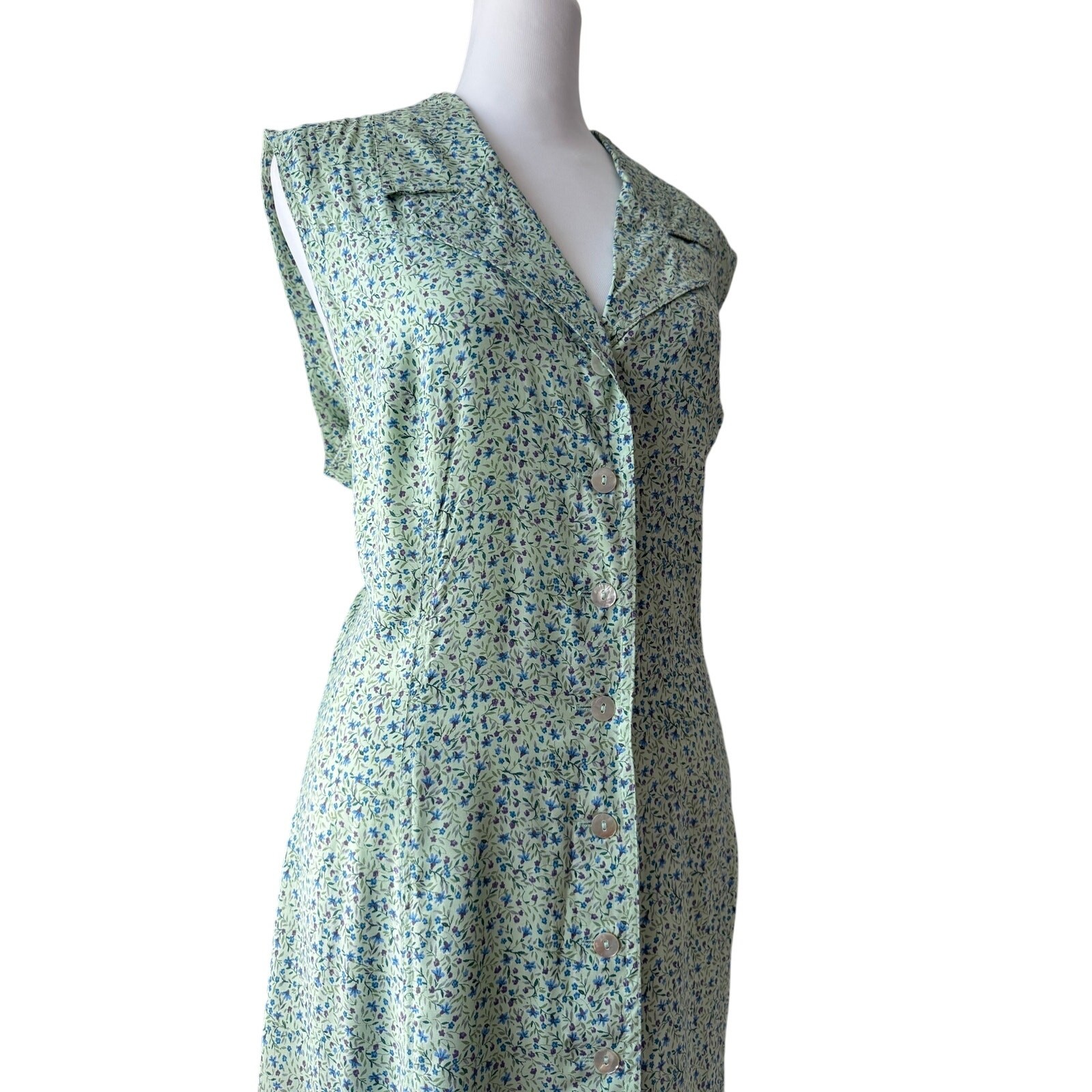 Vintage Y2K Robbie Bee Mint Green Floral Print Collared Button Front Maxi Dress