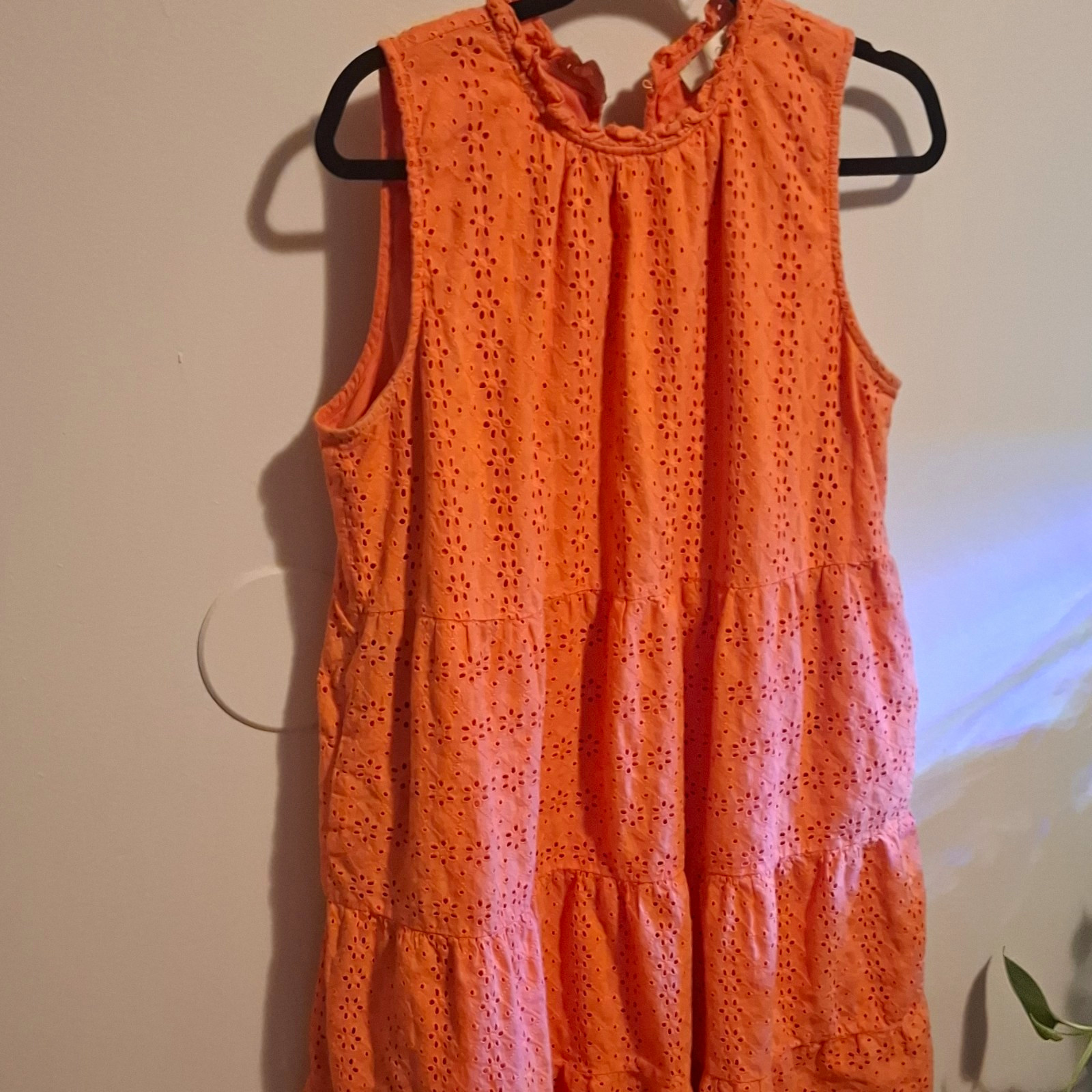 LOFT Orange Eyelet Cotton V-Neck Ruffle Lined A-Line Knee Dress XL