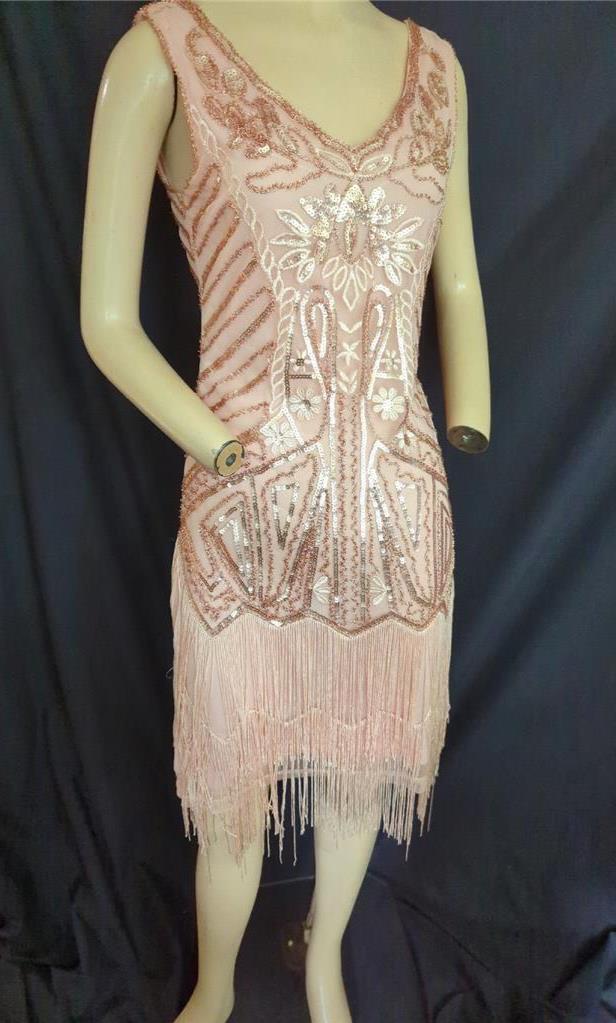 20’S STYLE PINK SEQUIN FRINGED LINED STRETCH PROM PARTY DRESS 34″ BUST