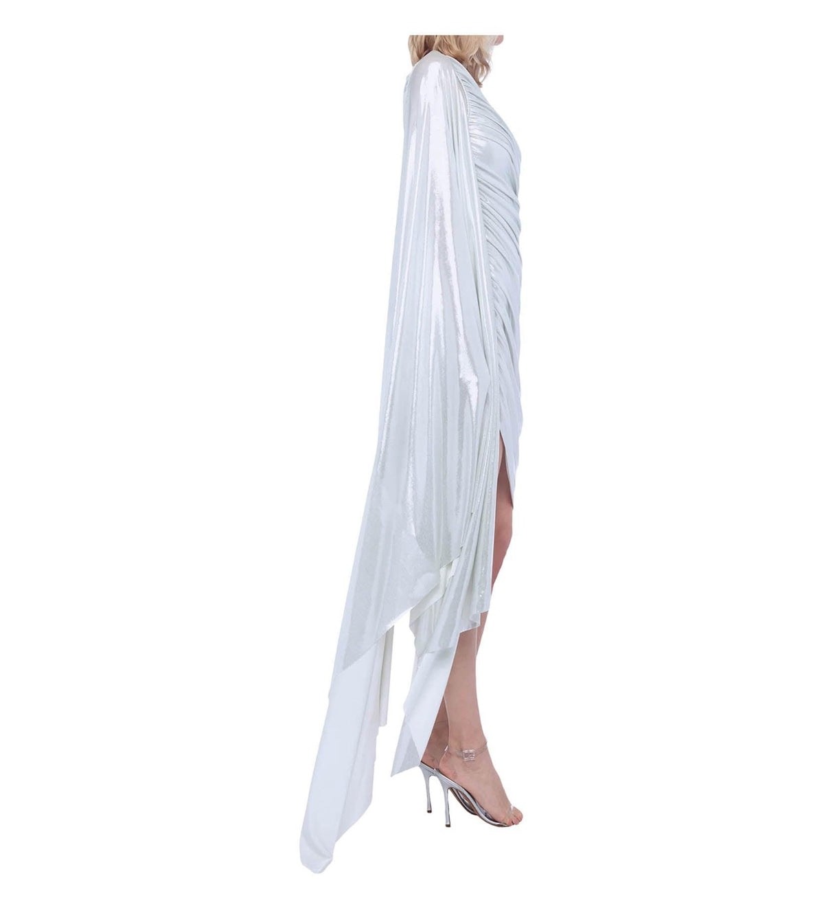 NWT $245 NORMA KAMALI” Diana” mini dress w/ one shoulder cape sleeve – Pearl – S