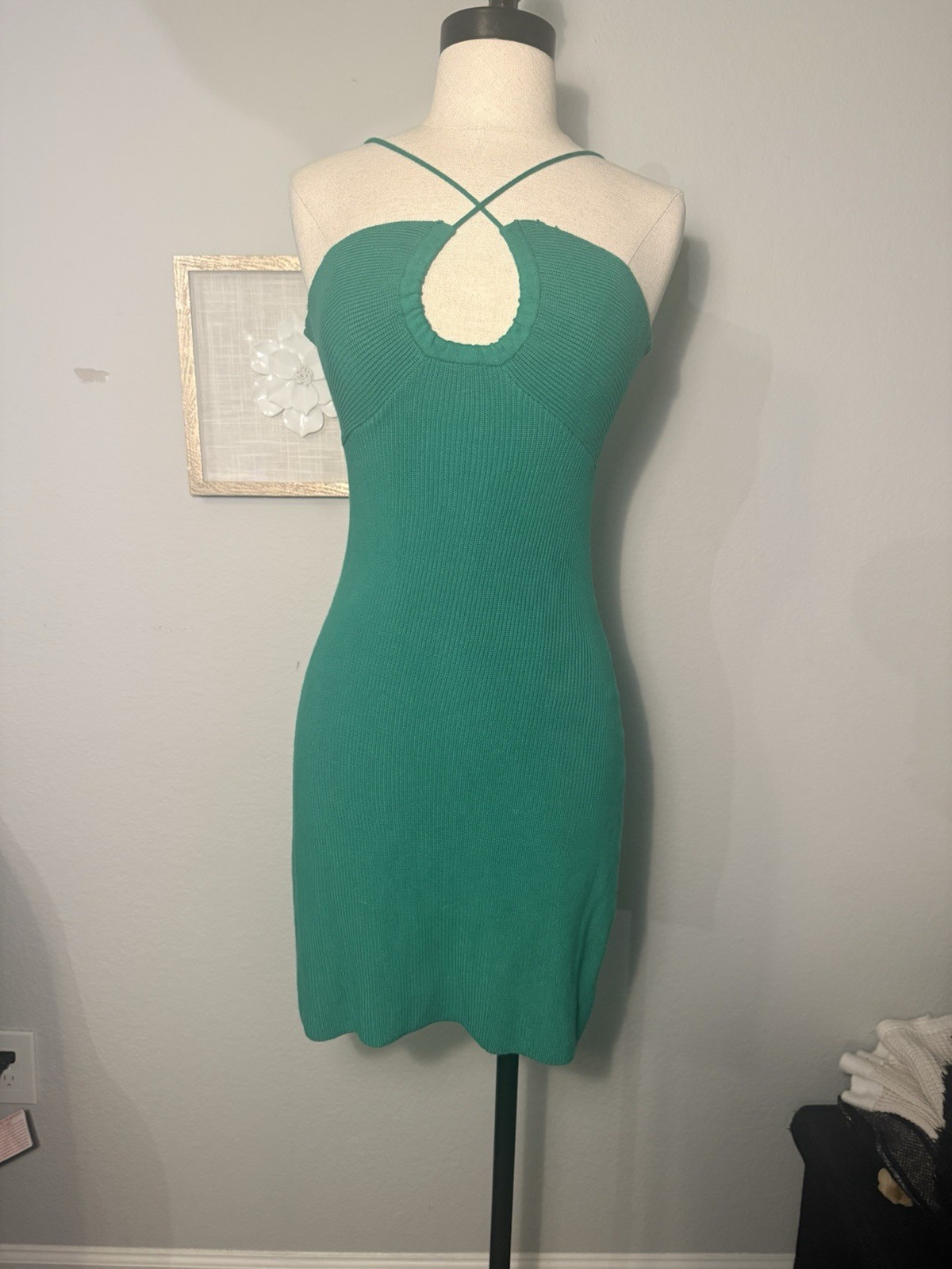 Peppermayo Green Rayon Ribbed Knit Halter Backless Bodycon Mini Dress Women S