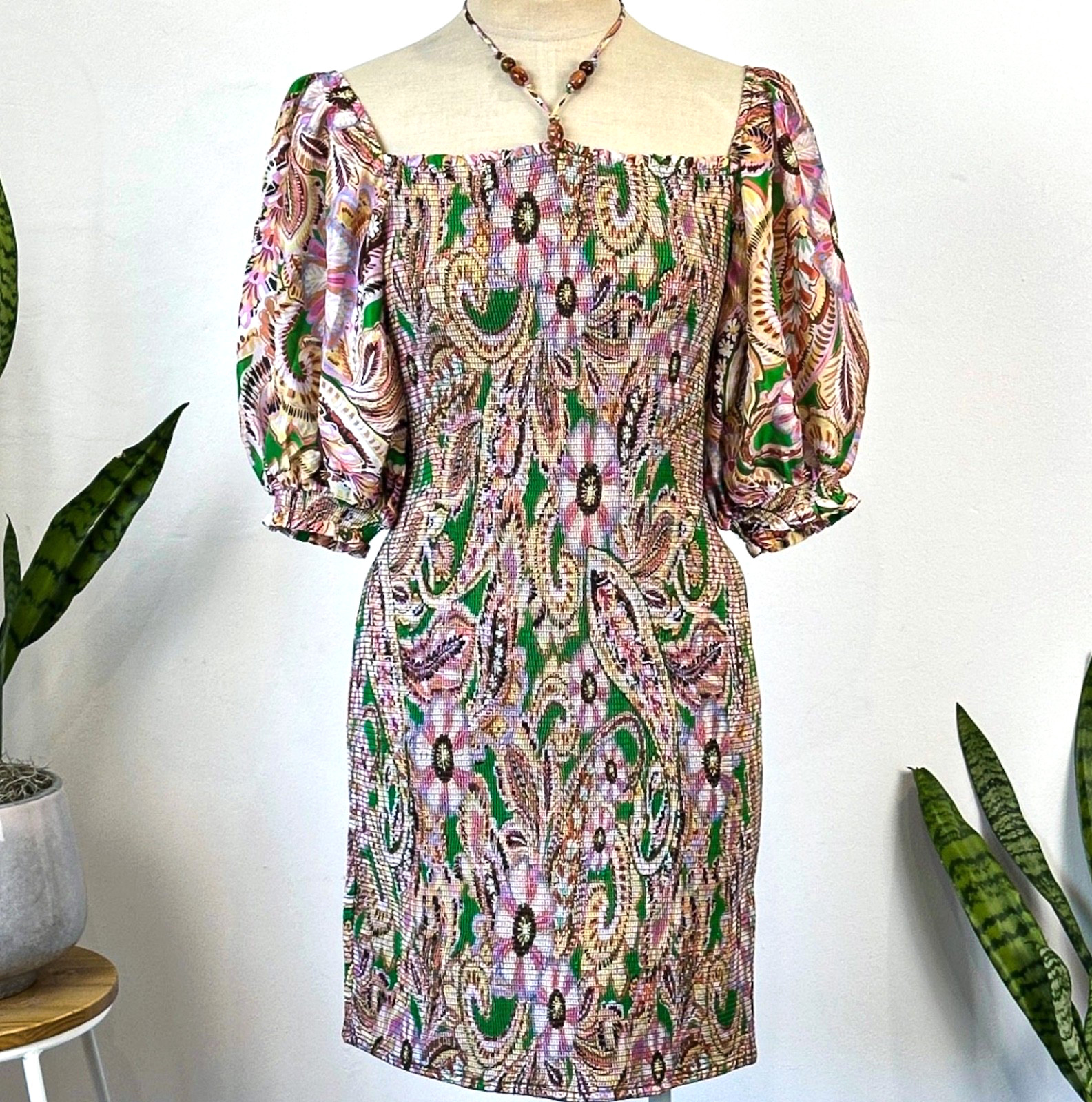 HUSK – SILK PAISLEY MINI DRESS – BOHO FLORAL – PUFF SLEEVE – AU 12
