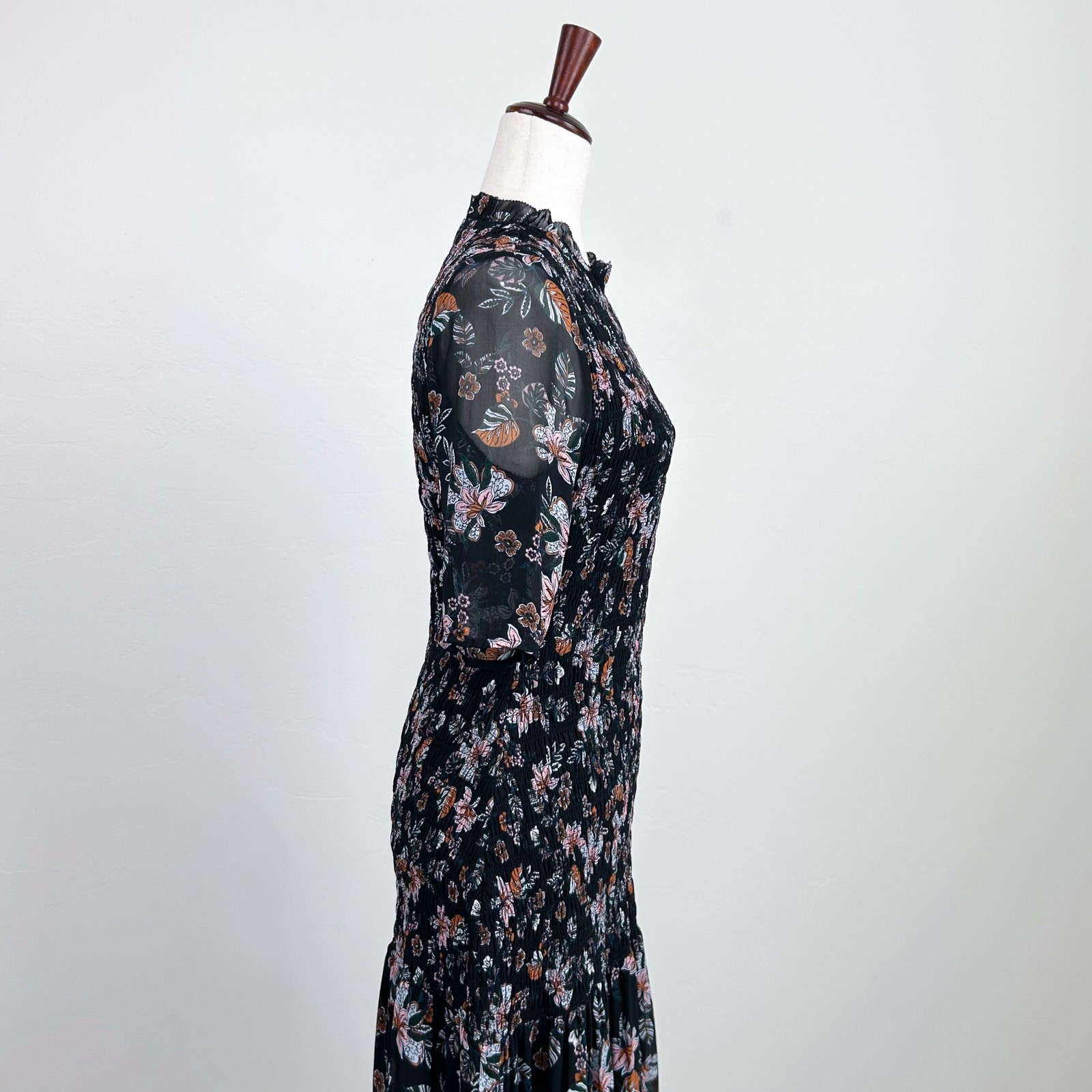Veronica Beard Gabi Black Floral Chiffon Drop Waist Smocked Midi Dress SIZE 6