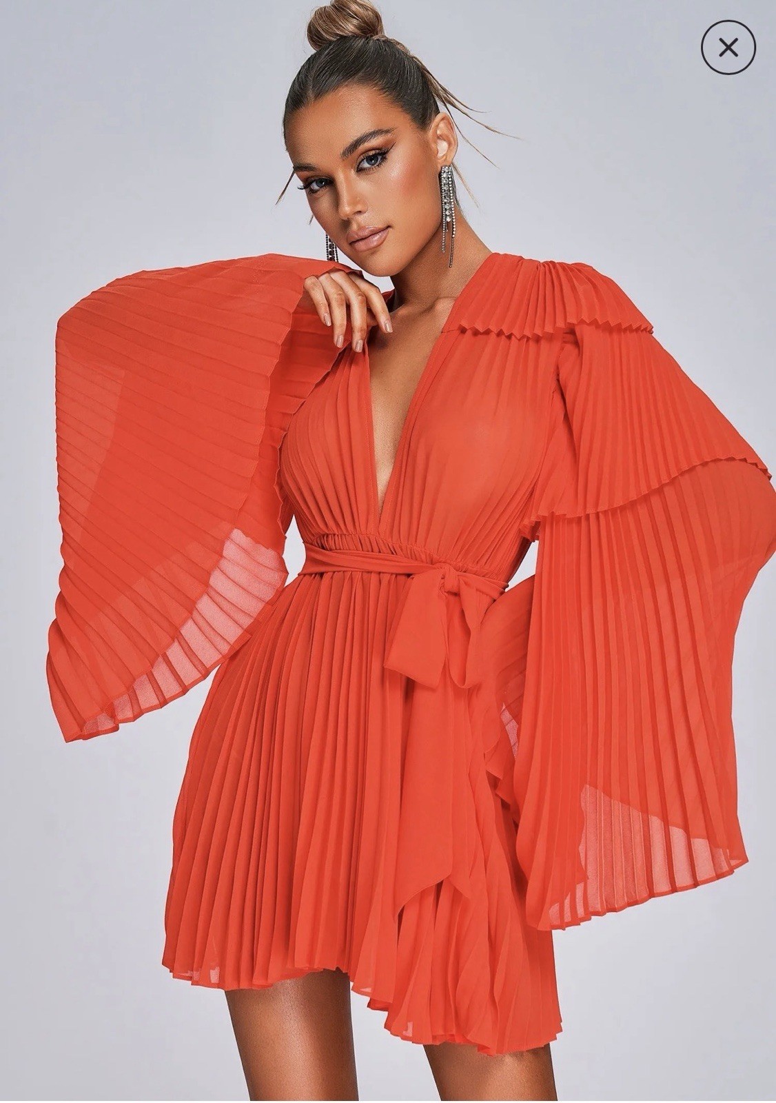 Bella Barnett Women’s XS Orange Chiffon Pleated V-Neck Open Back Mini Dress