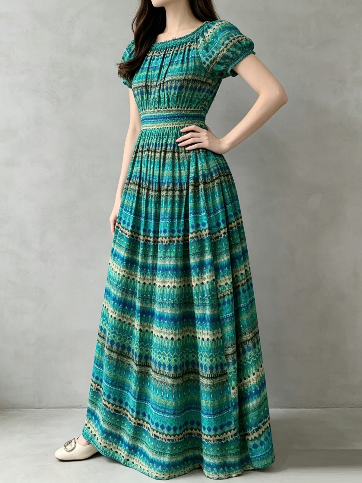 Ladies Bohemian Elegant Long Dress Elastic Waist Versatile Fit Any Body Shape
