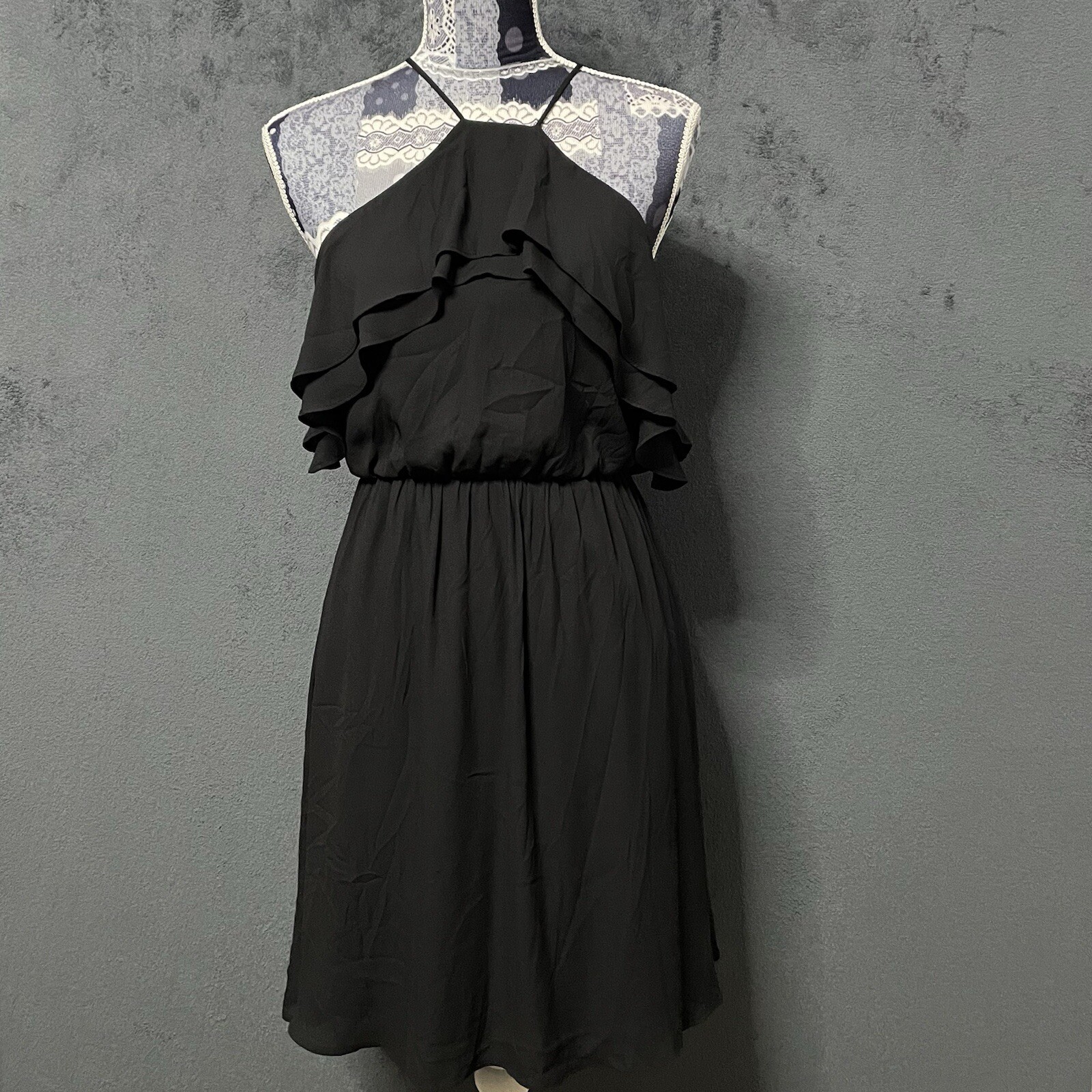 Lush Dress Women M Black High Neck Halter Keyhole Back Ruffle Little Black Dress