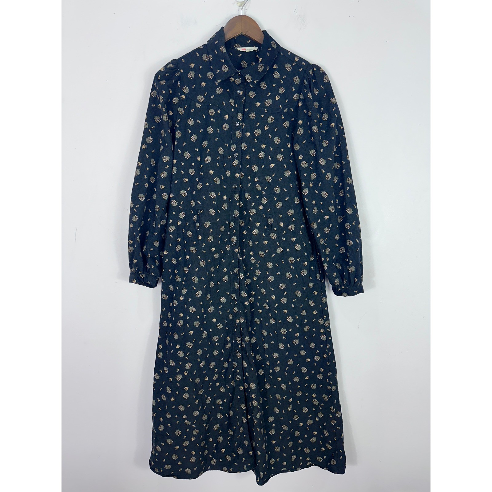 Levi’s Corduroy Shirt Dress Womens S Black Floral Midi Long Sleeve Dark Cottage