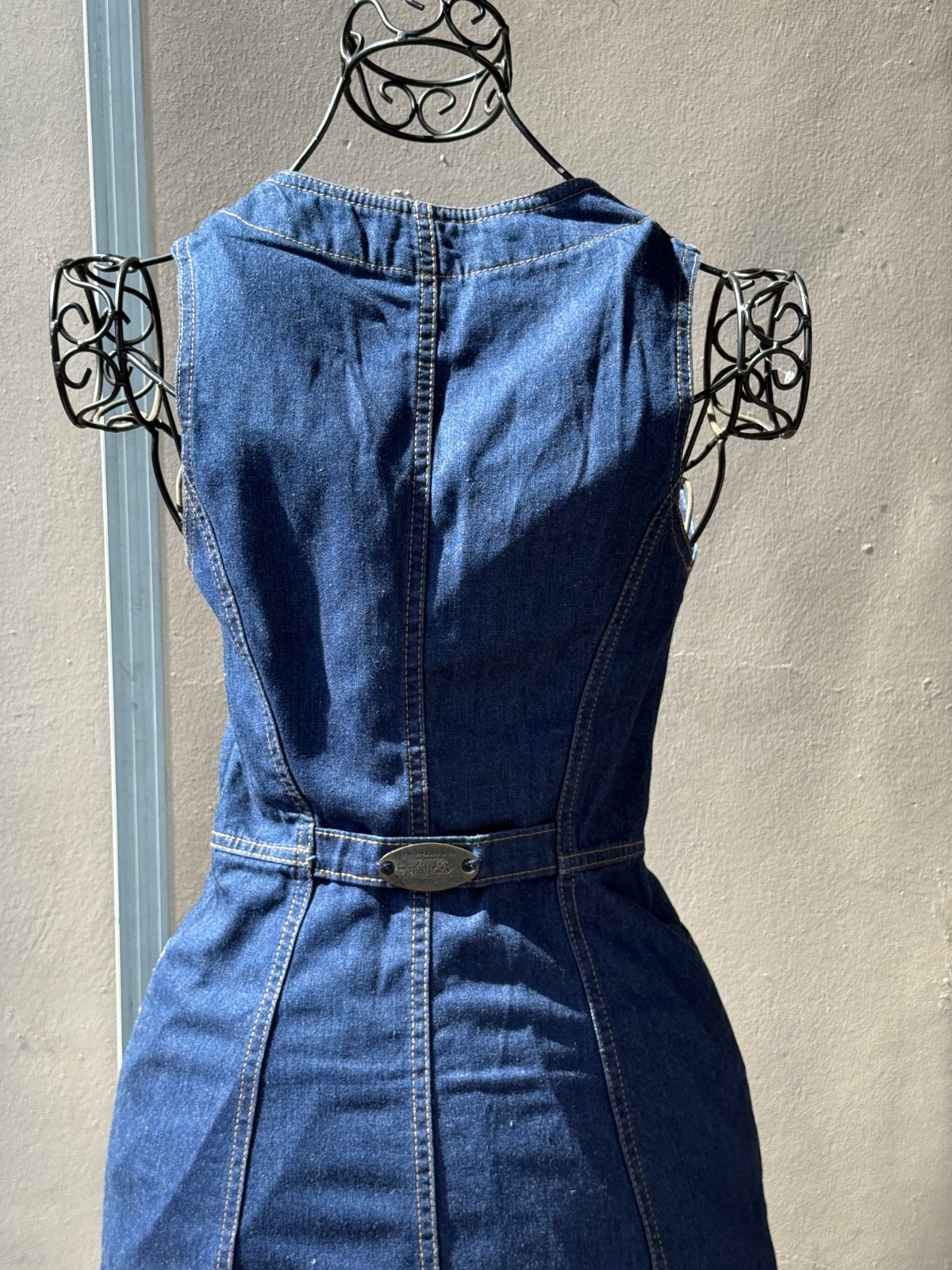 Vintage 70s Levis Denim Sundress Fitted Button Front Dress Brass Buckle In Back
