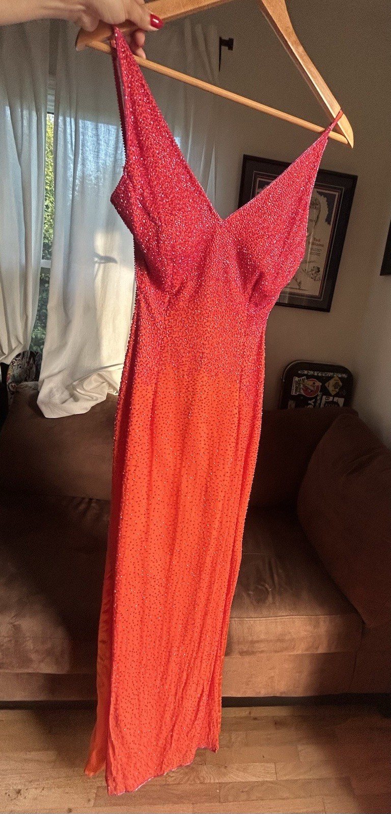 Vintage SCALA 100% Silk, Sunset Beaded Silk Maxi Gown Dress, Low Back, SMALL