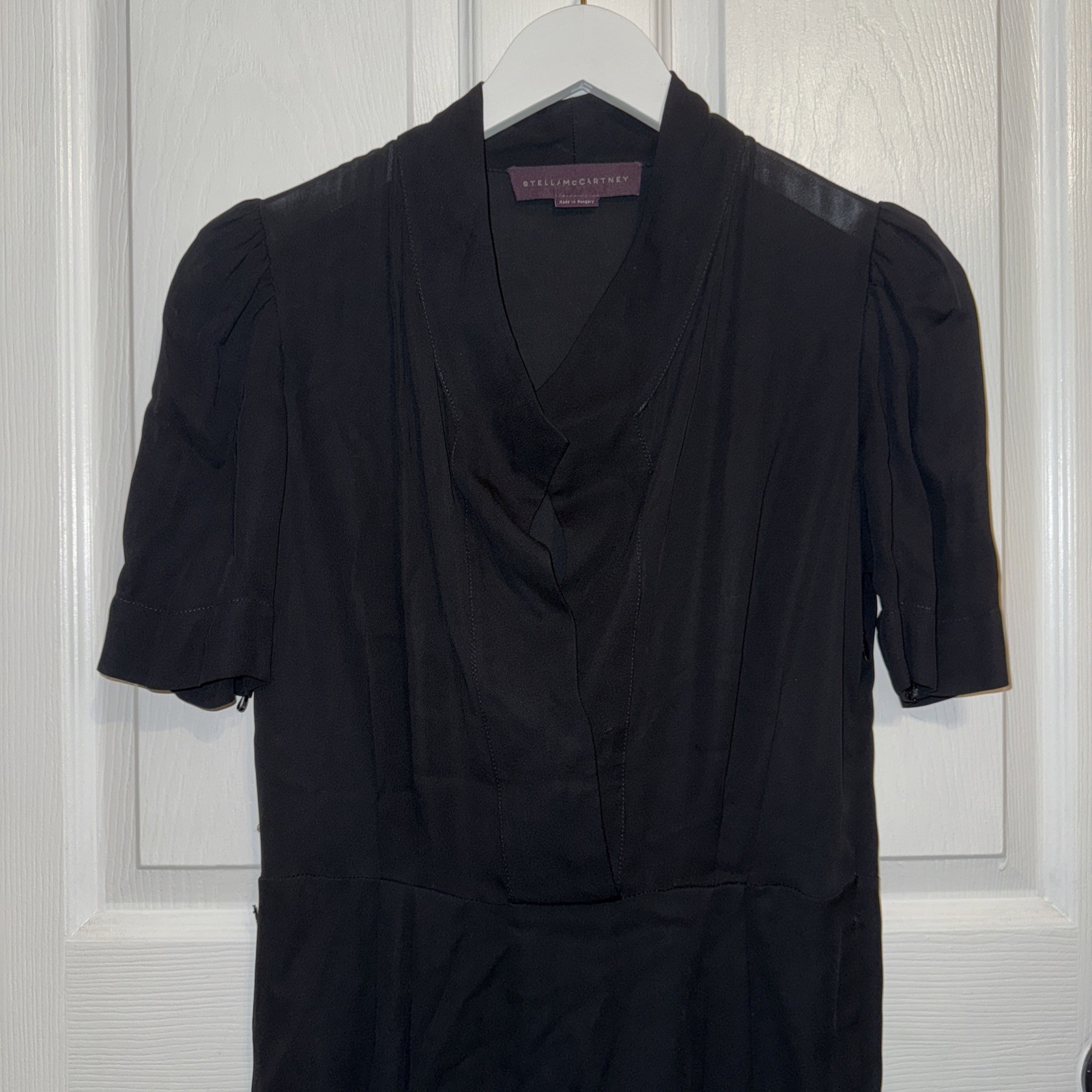 Stella McCartney Black Mini Dress Pleat Front V Neck Size 38 Short Sleeve