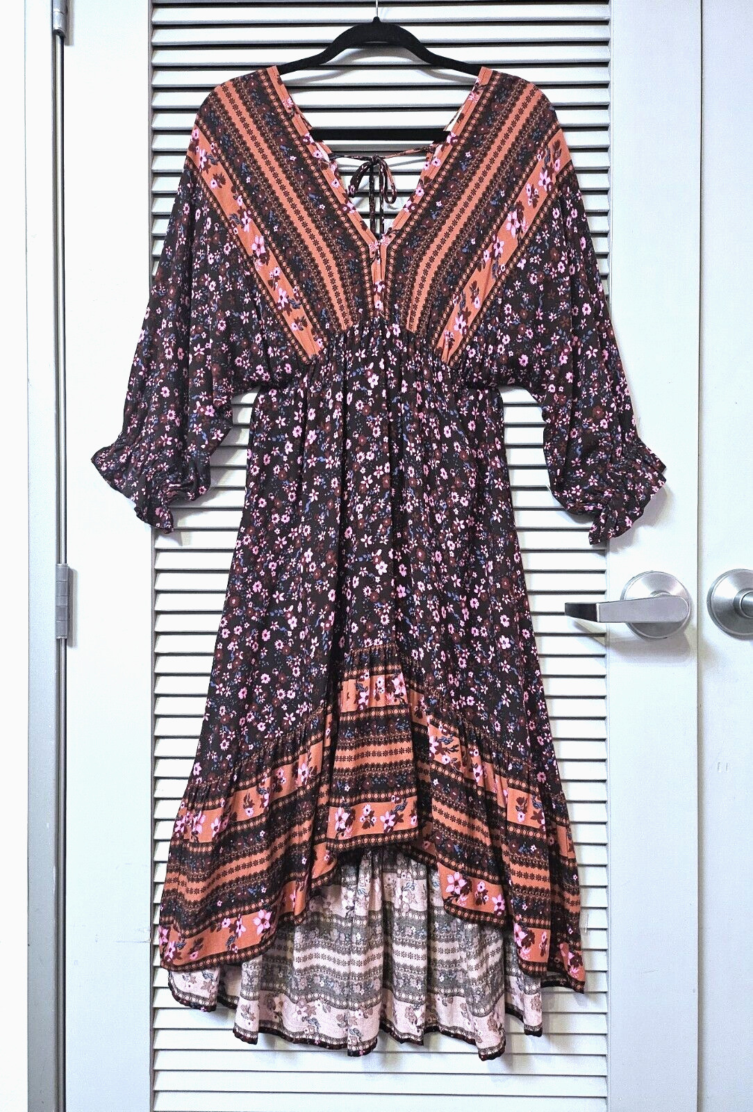 3/4 brown floral hi-low ruffle long dress XL