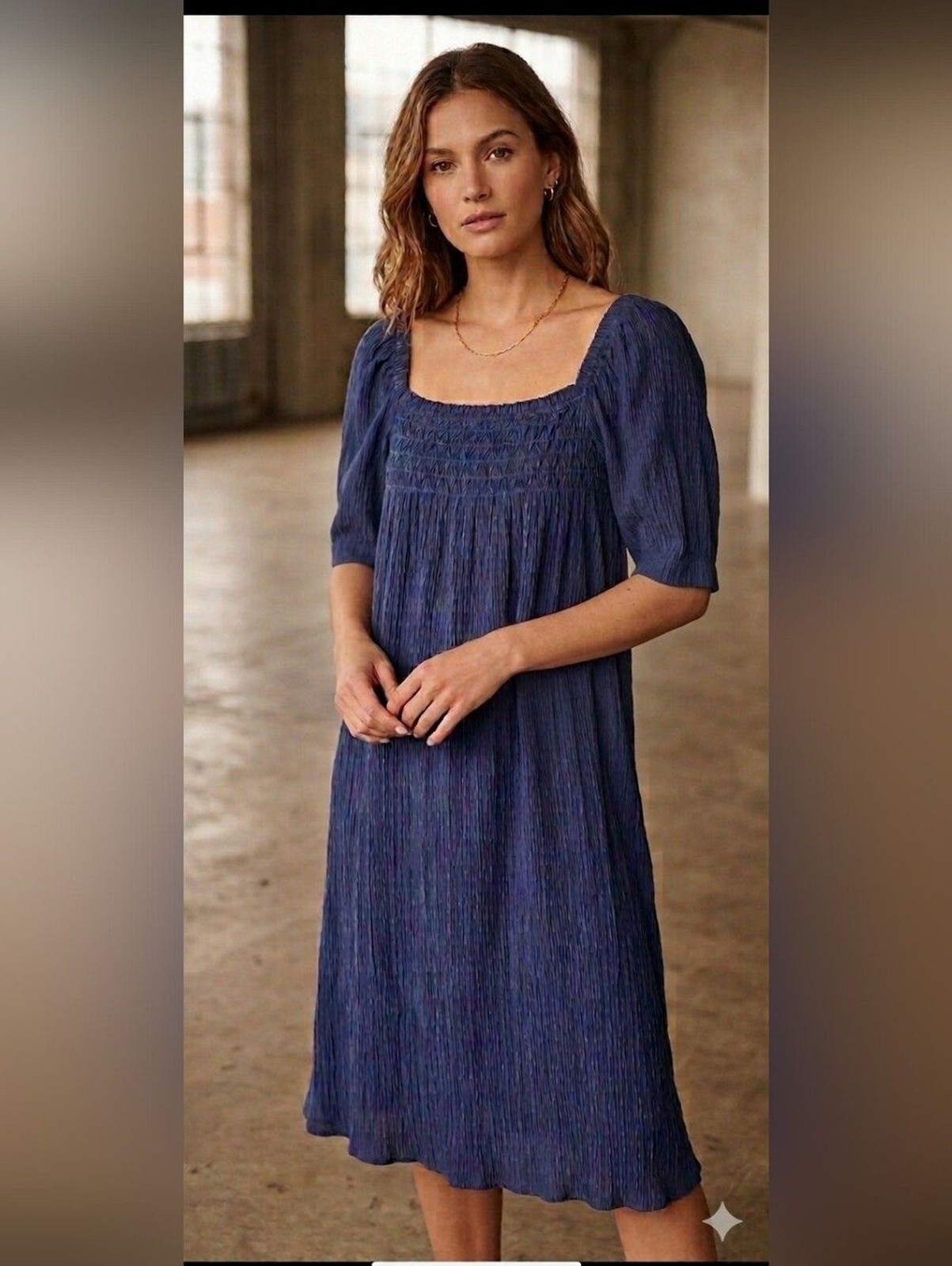 easel Indigo Blue Smocked Square-Neck Midi Dress