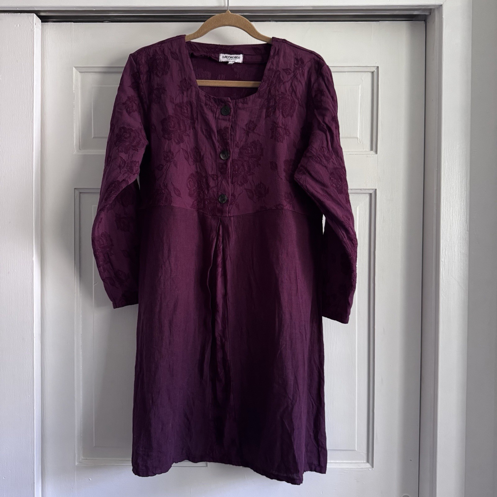 Aly Wear Vintage Linen Cotton Dress Size L Magenta Embroidered Flower Detail
