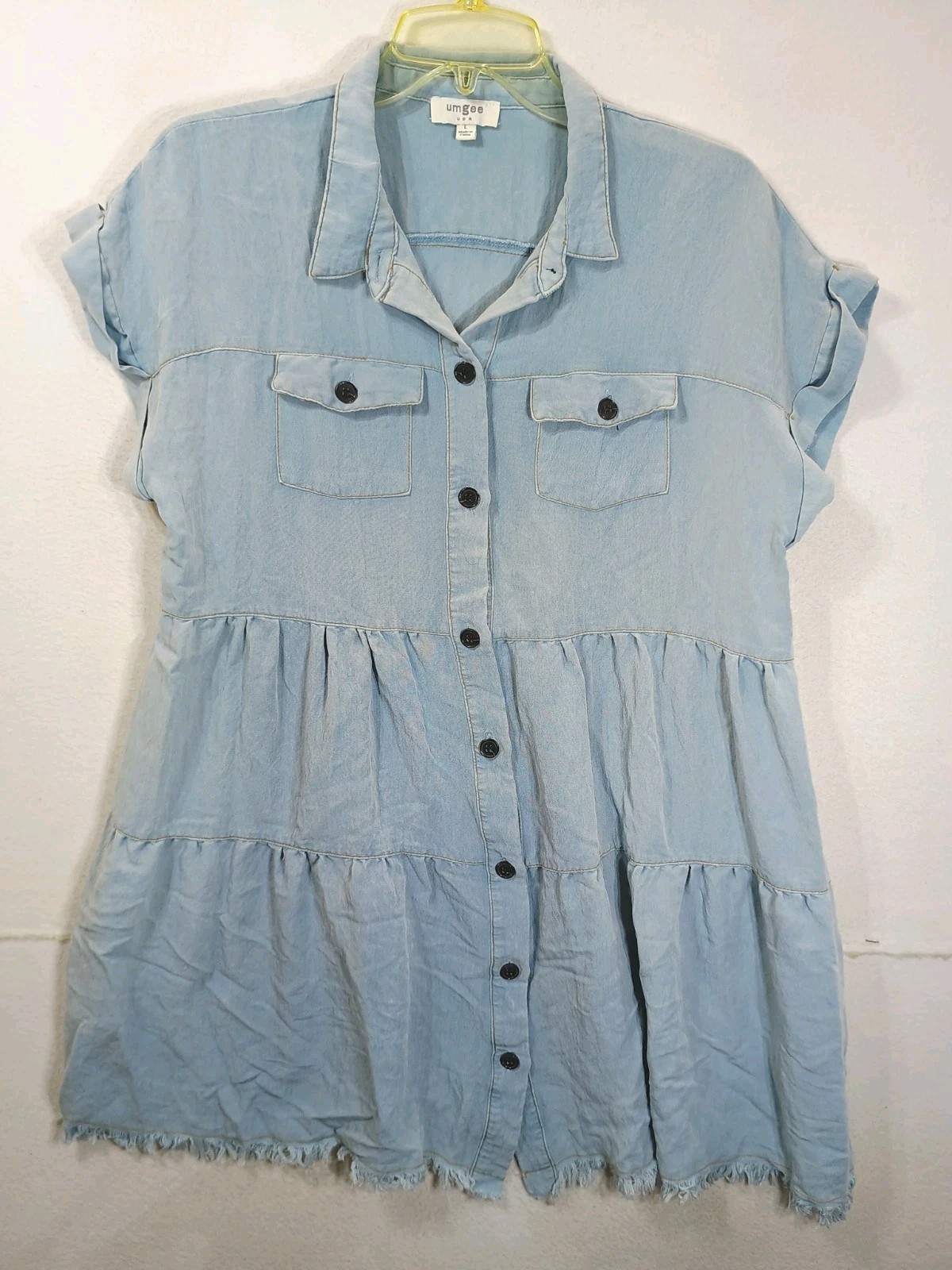 Umgee USA Button Front Shirt Dress Frayed Hem Sz L Powder Blue