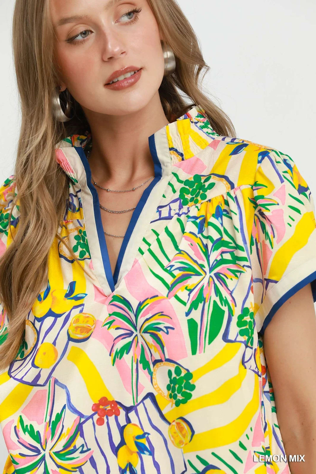 Umgee Tropical Print Collared Shift Dress – Lemon Mix – Small