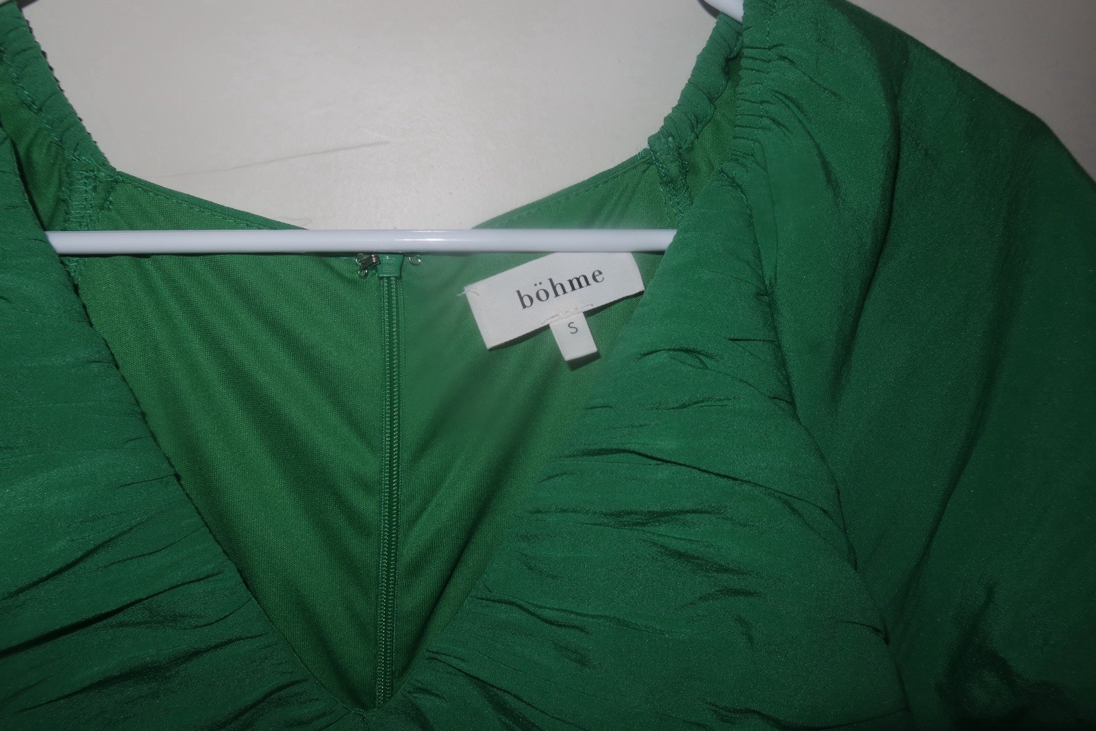 böhme Green Solid Ruched V-Neck Puff Short Sleeve Zip Knee Dress Size S