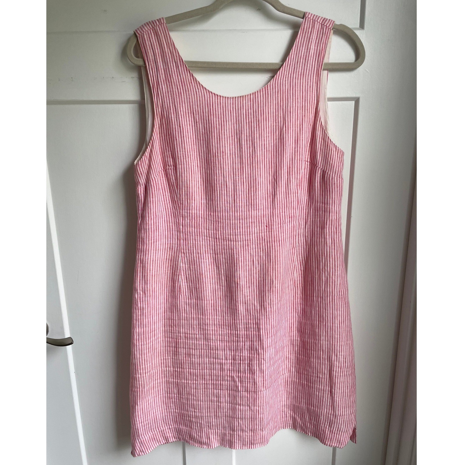 HIHO Tortola Ginnie 100% Linen Shift Dress S Pink White Stripe Sleeveless Resort