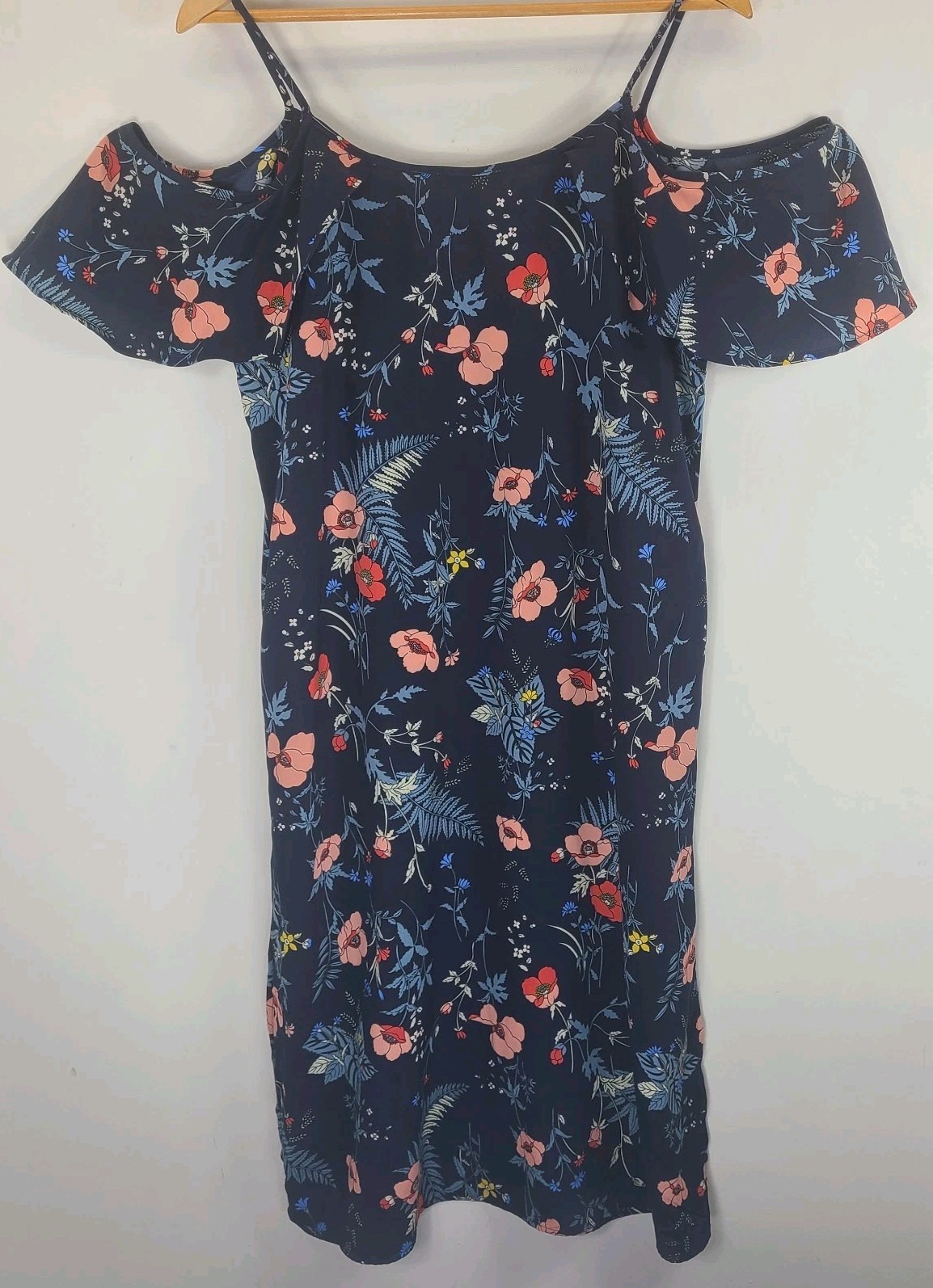 Monteau Floral Cold Shoulder Midi Dress XL Navy Pink Side Slit Lightweight