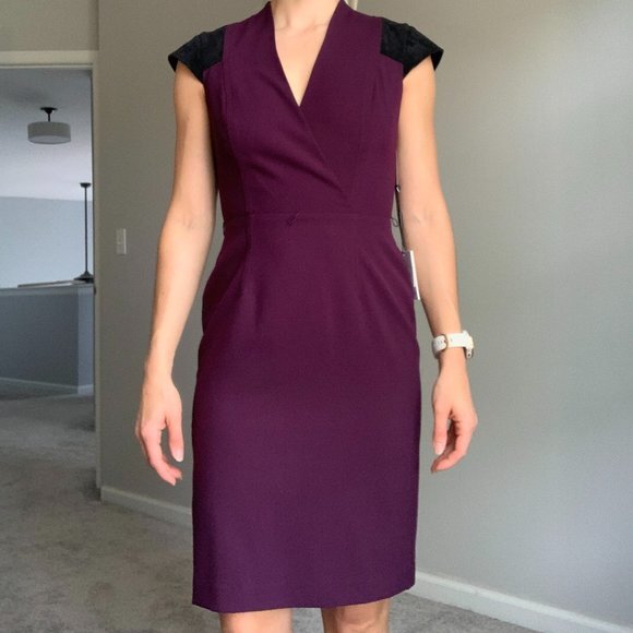 Calvin Klein Women’s Sz 4 Work Dress Colorblock V Neck Faux Suede Cap Sleeve
