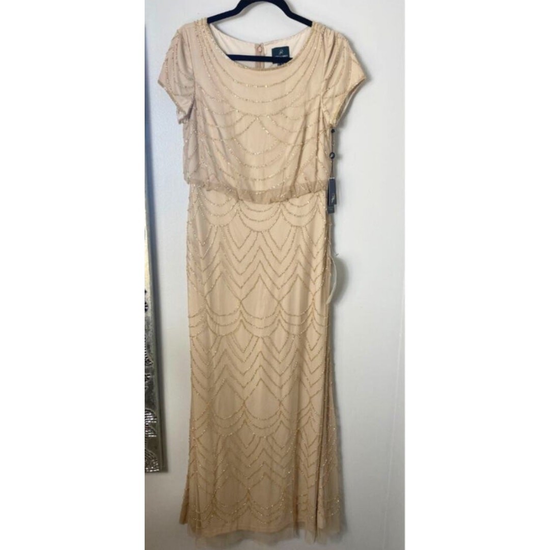 ADRIANNA PAPELL DRESS 8 GOWN PETITE GOLD BEADED ART DECO BLOUSON LONG MAXI