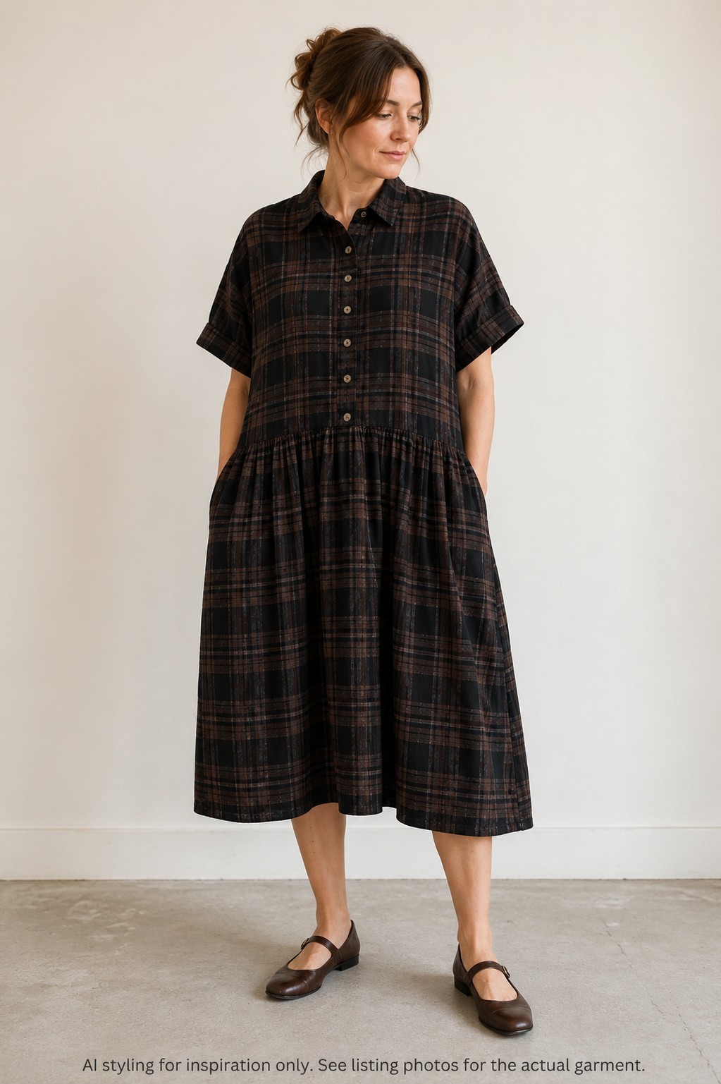 Olive Clothing Brown Black Check Cotton Smock Dress Oversized UK 16 Cottagecore