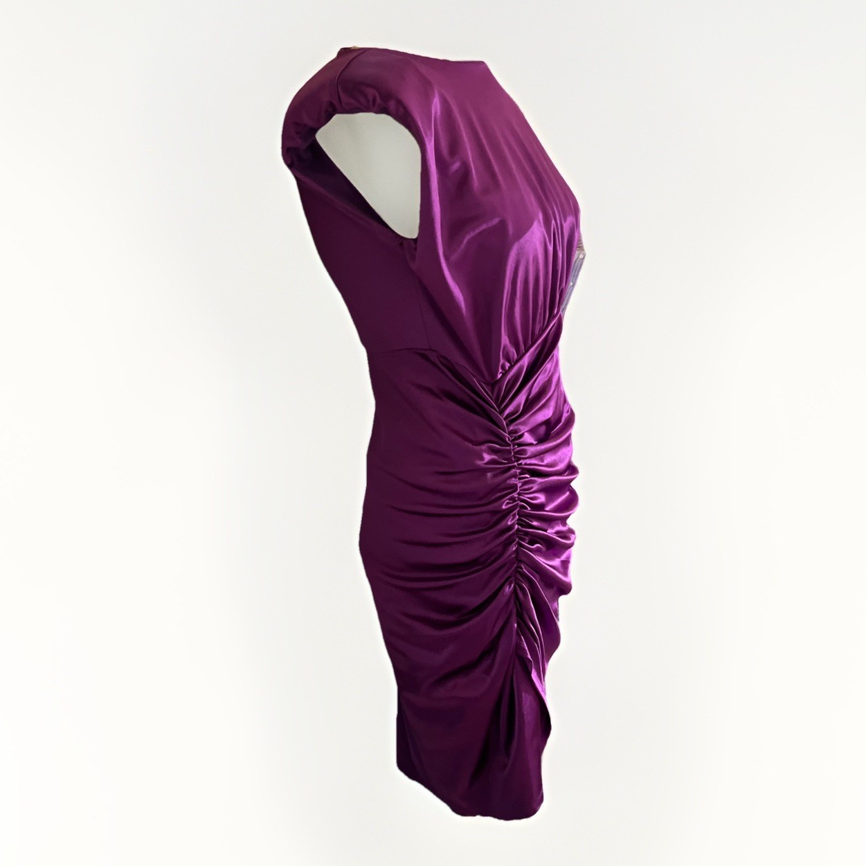 Purple Express Satin Padded Shoulder Ruched Asymmetrical Mini Dress Small