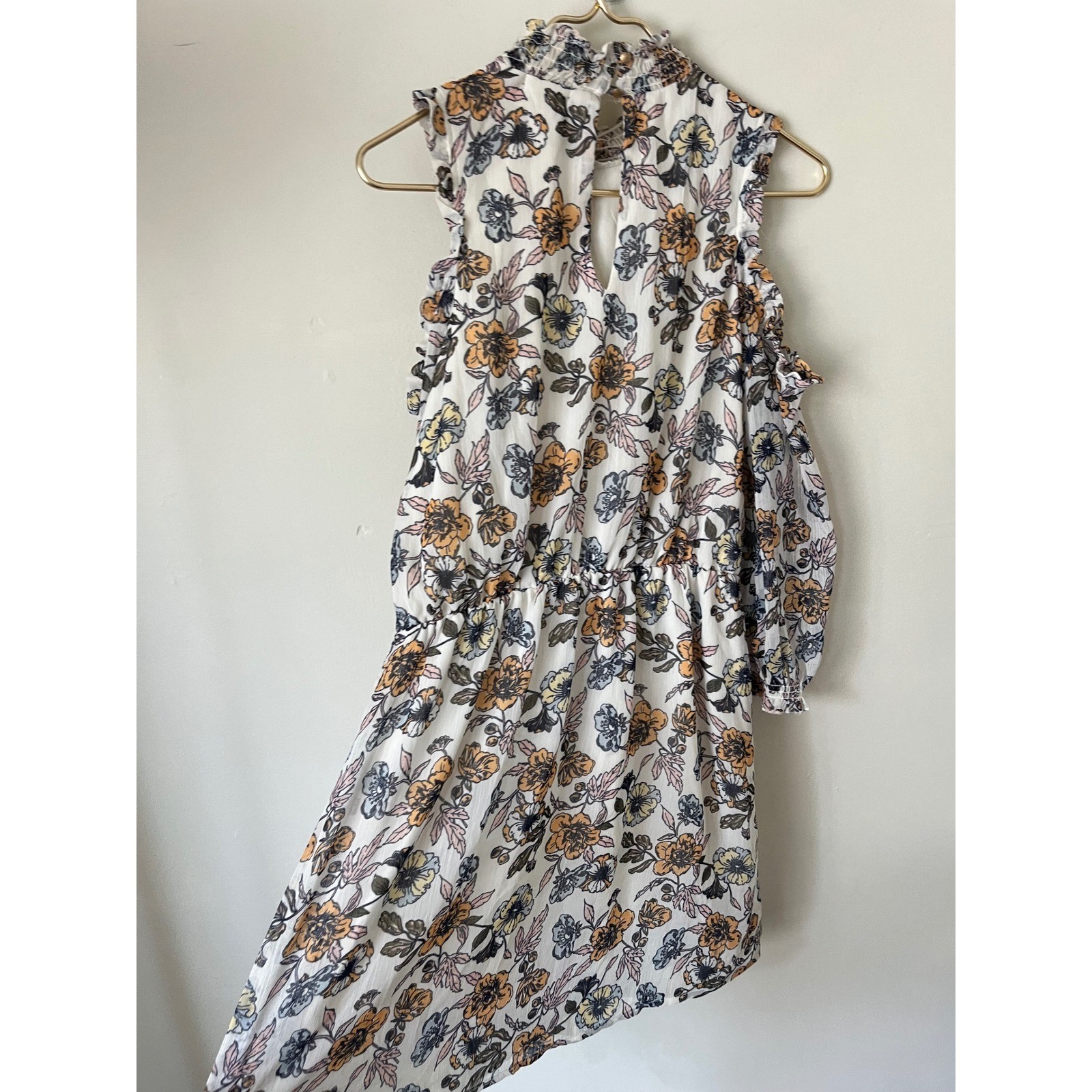 Eyeshadow Floral Cold Shoulder Mini Dress White Orange Blue Mock Neck Large