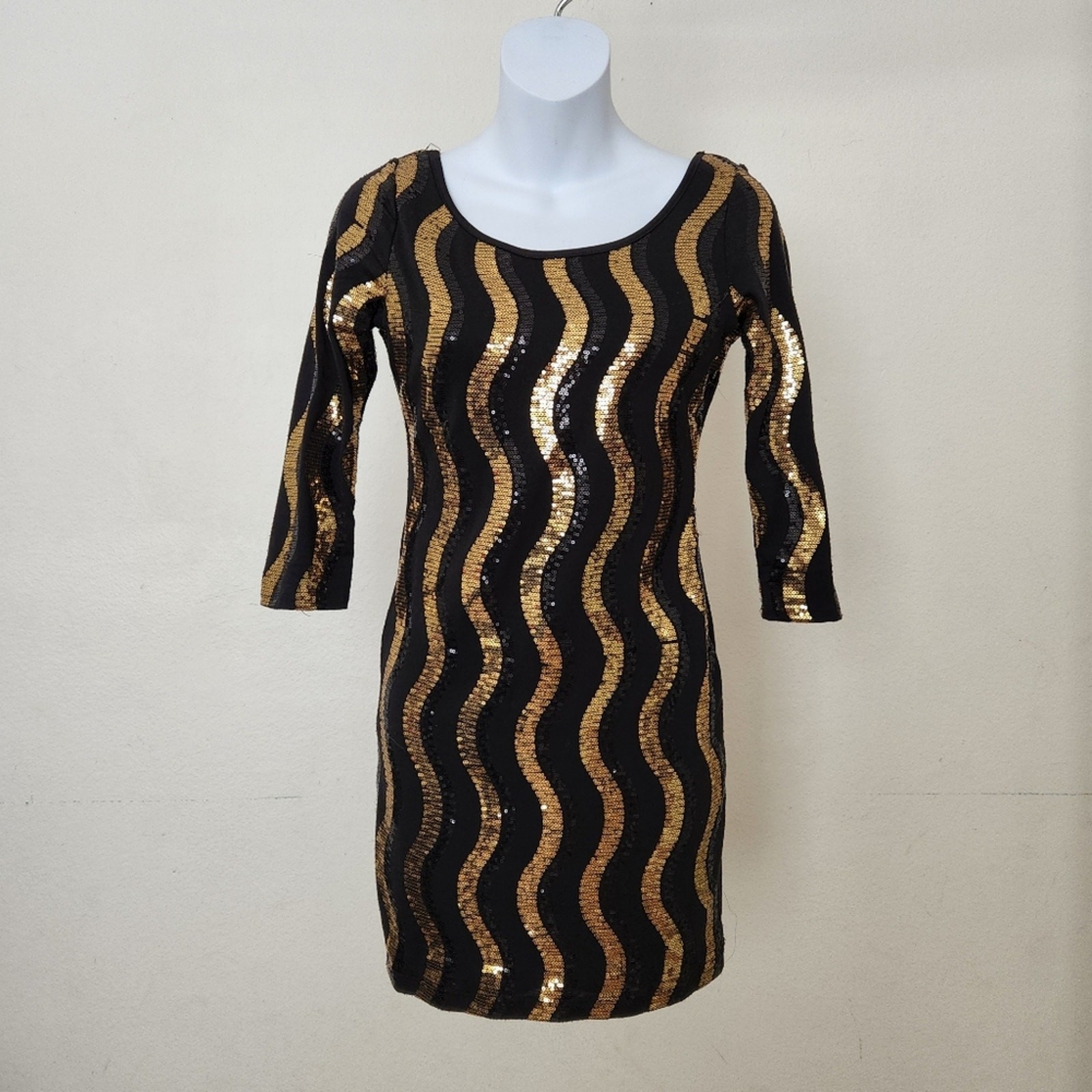 Foreign Exchange Black & Gold Sequin Bodycon Mini Dress – Size M – Retro Disco
