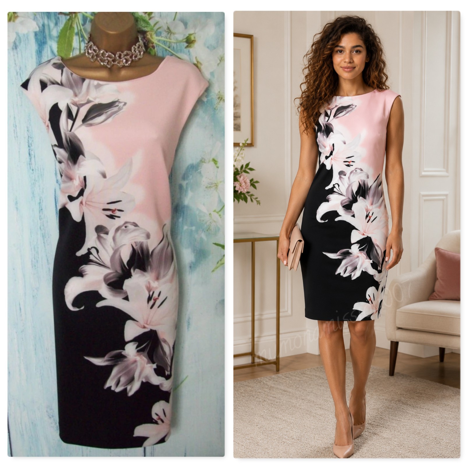 NEW Roman Black Pink Floral Scuba Bodycon Shift Dress Size 18 Wedding Occasion