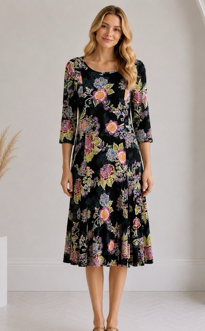 Womens Tropical Floral Midi Dress Size Small Jersey Stretch Flowy $89