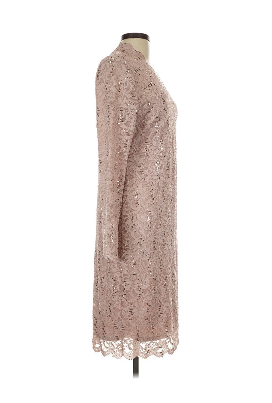 Marina L Pink/Tan Floral Lace Sequin Sheath Dress Mock Neck Long Sleeve Knee